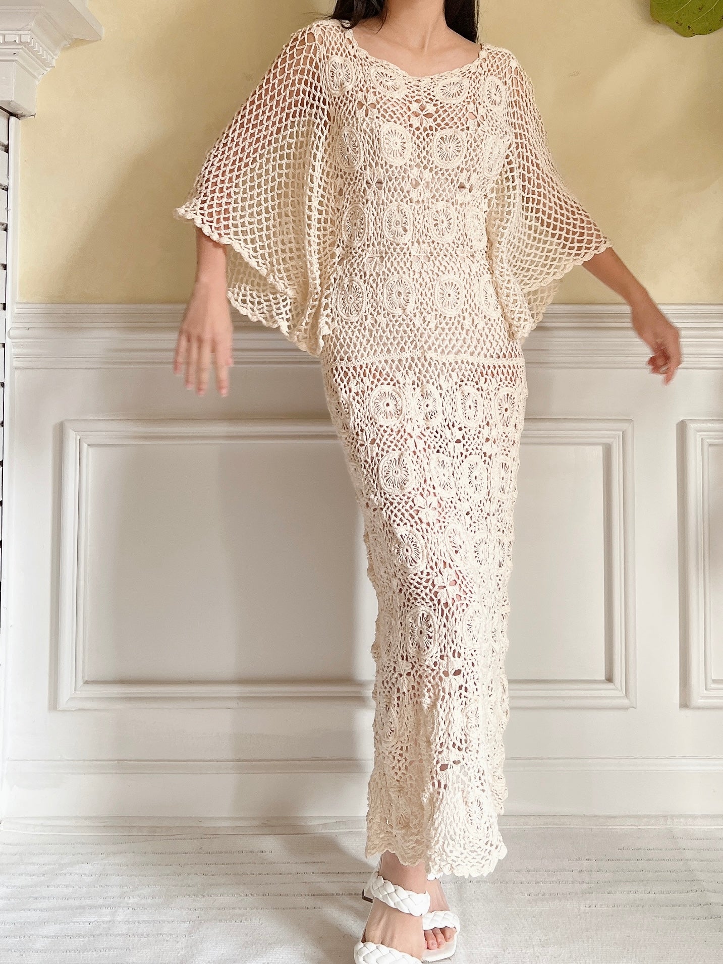 Vintage Beige Crochet Dress - S-L