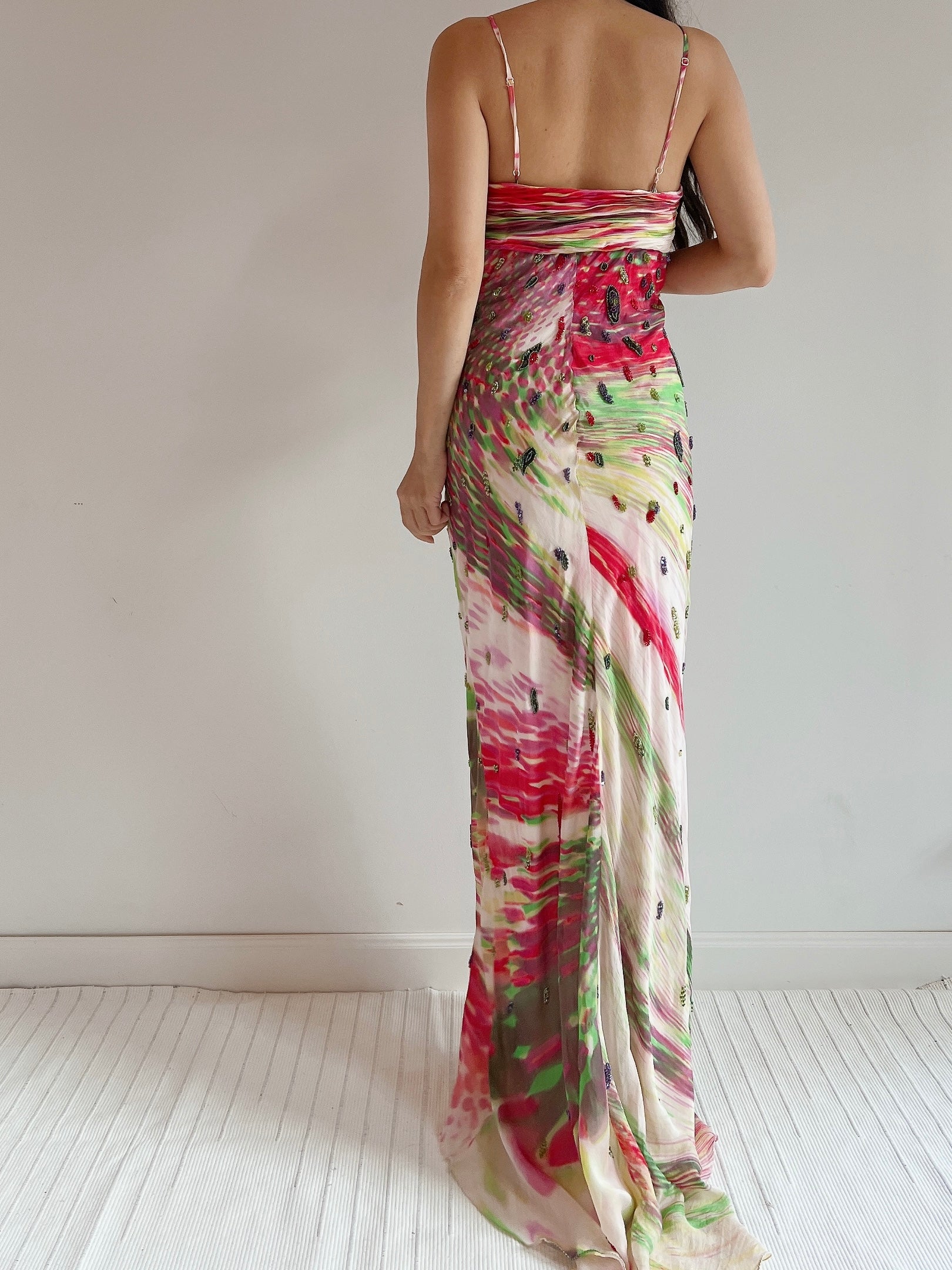 1990s Silk Floral Print Beaded Gown - M