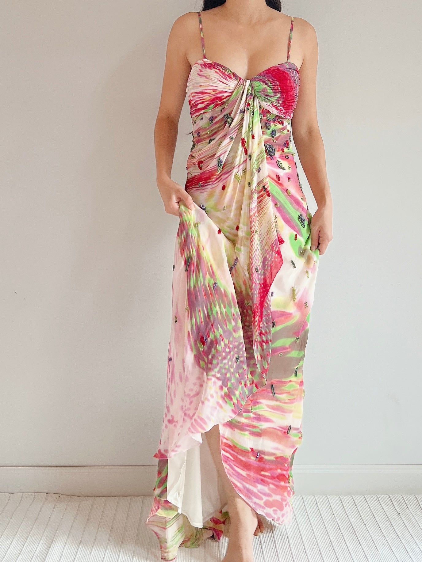 1990s Silk Floral Print Beaded Gown - M