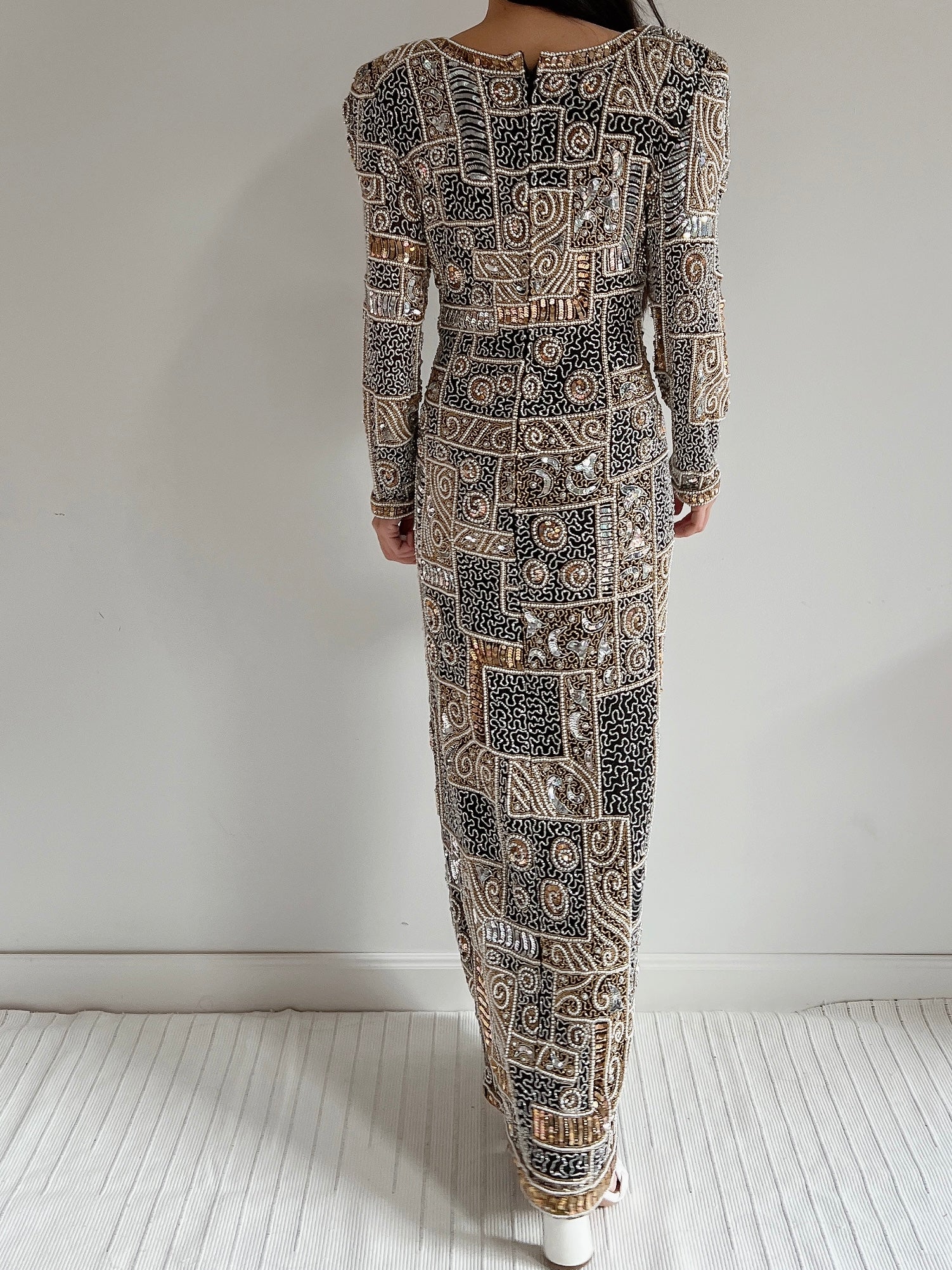 1980s Silk Chiffon Heavily Beaded Gown - M