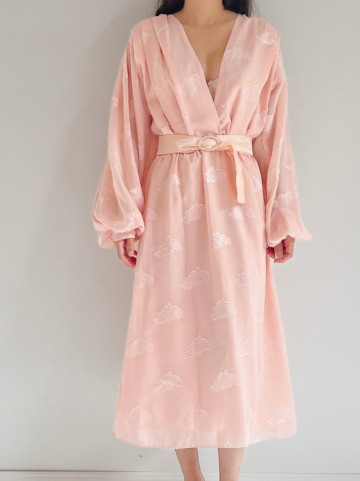 1980s Pink Puffed Sleeves Faux Wrap Dress - M