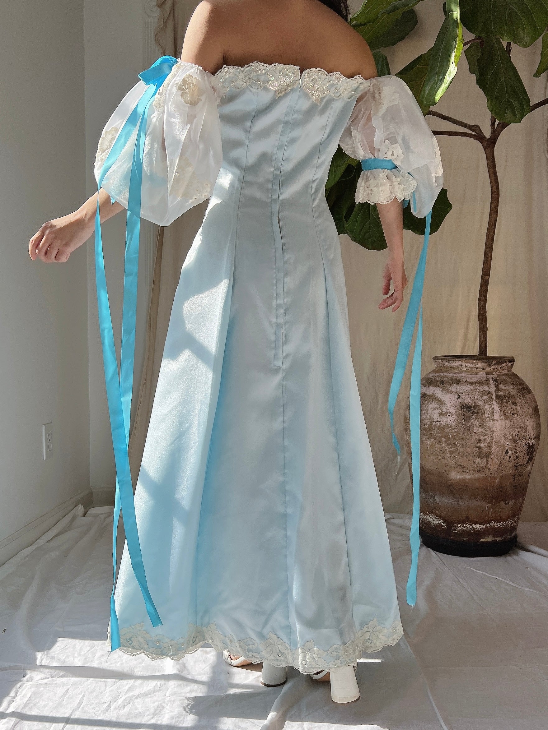 1980s Puff Sleeve Cyan Dress - XS
