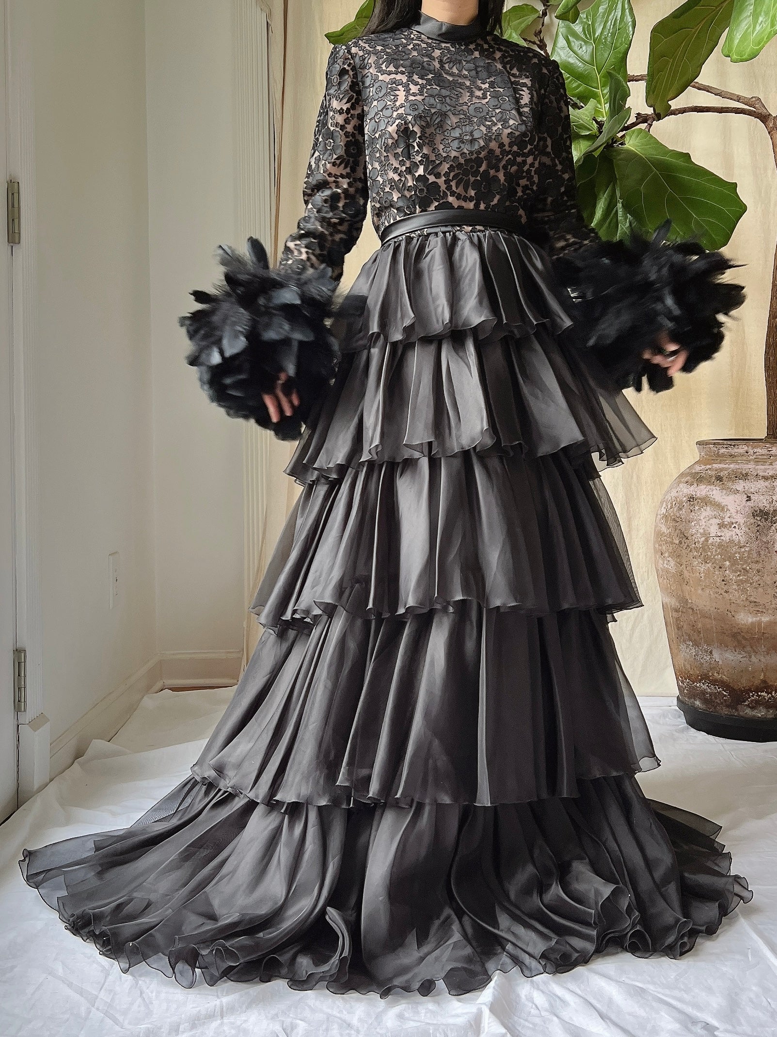 Vintage Organza Feather Sleeve Dress - XS/S