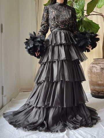 Vintage Organza Feather Sleeve Dress - XS/S