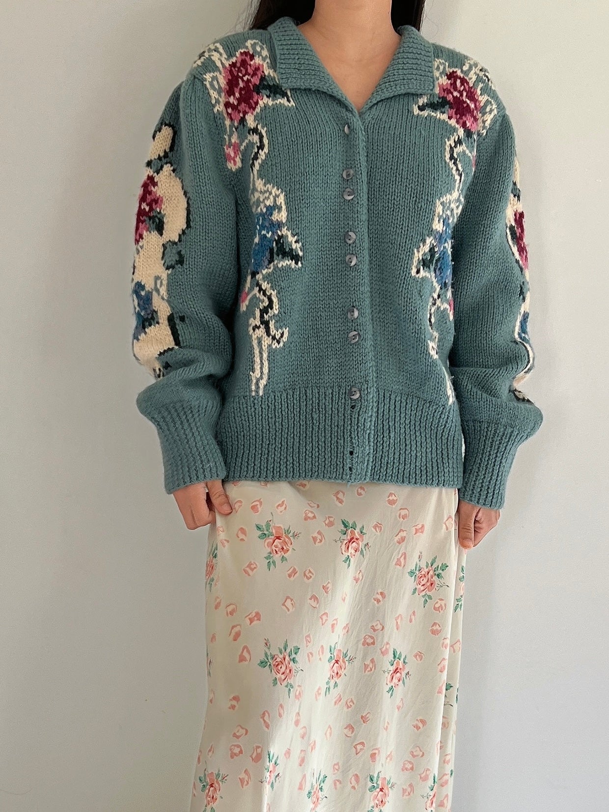 Vintage Teal Acrylic Cardigan - M