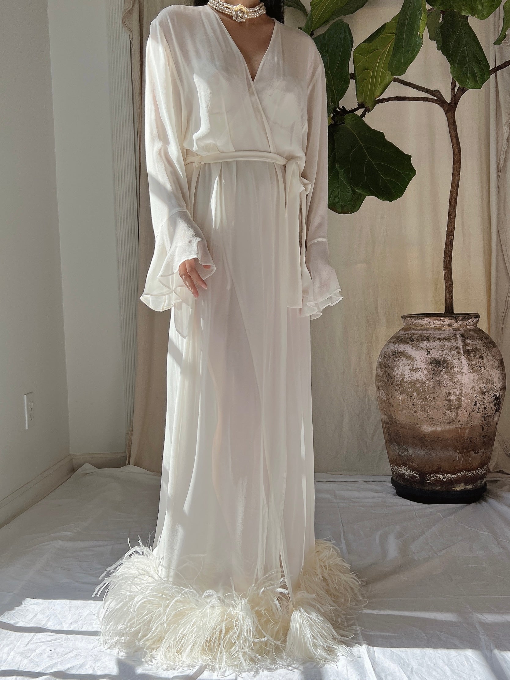Vintage Silk Feathered Robe - M