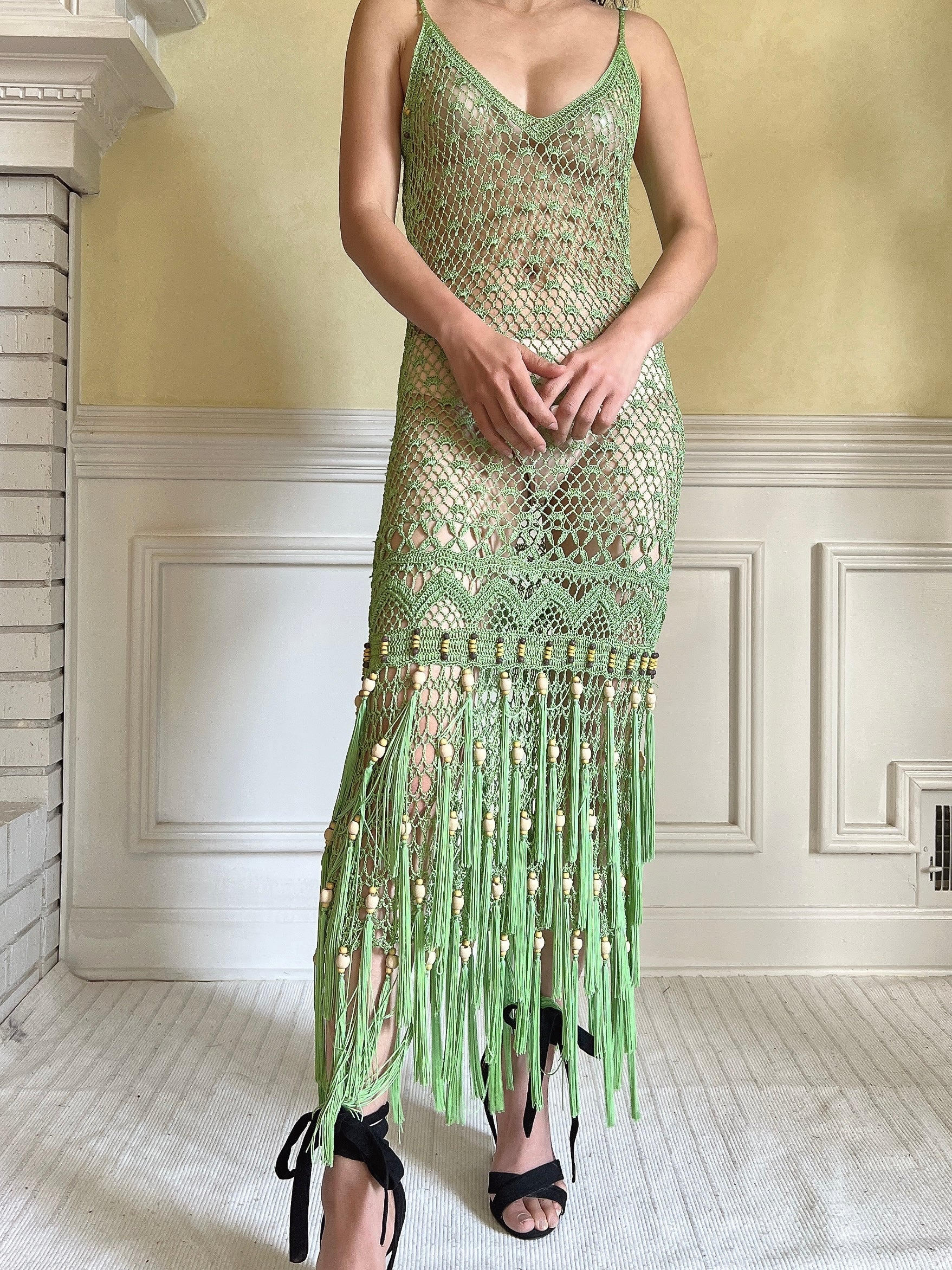 Vintage Light Green Fringe Crochet Dress - S-M