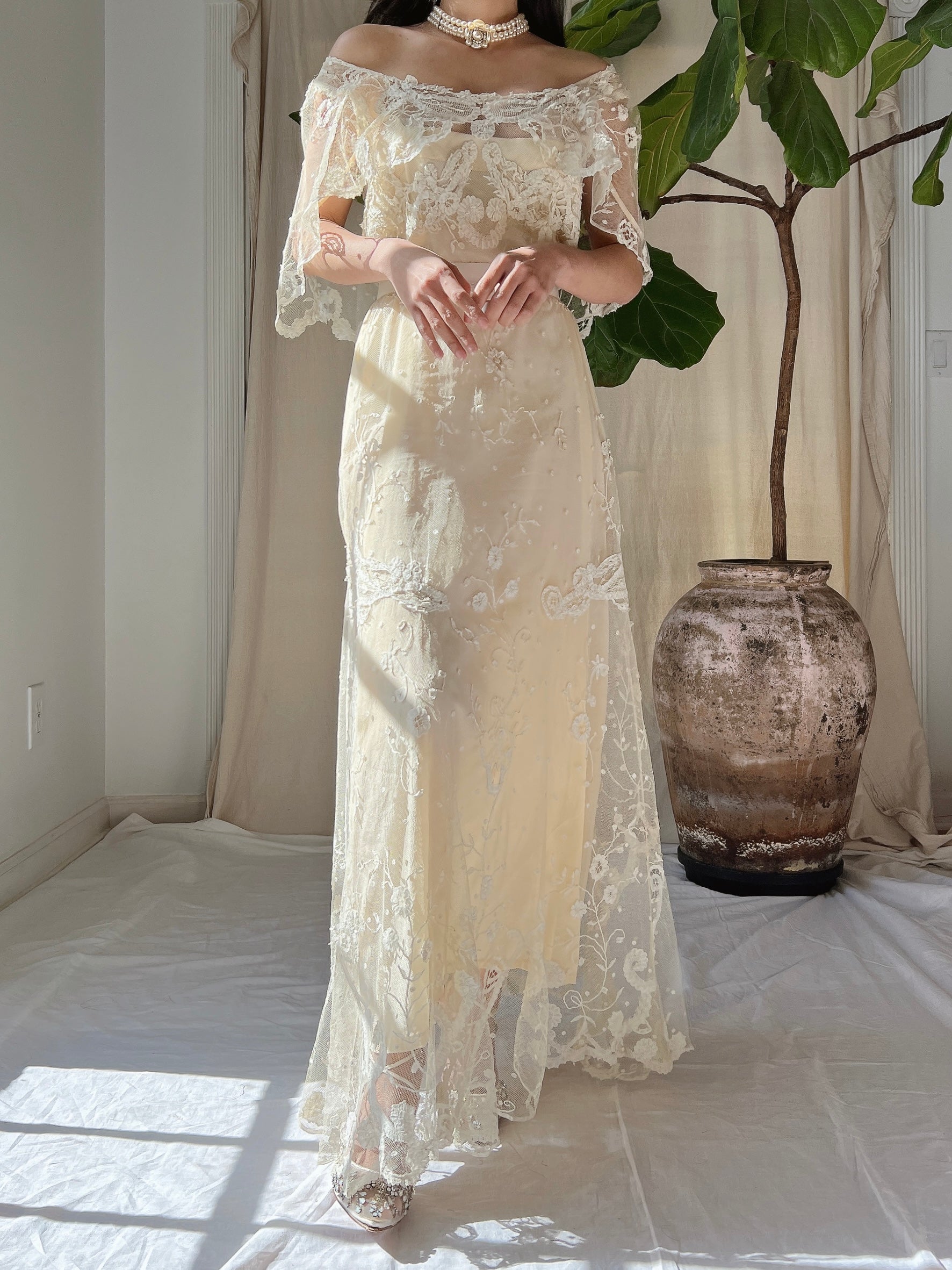 Antique Duchesse Lace Gown with Silk Slip - S