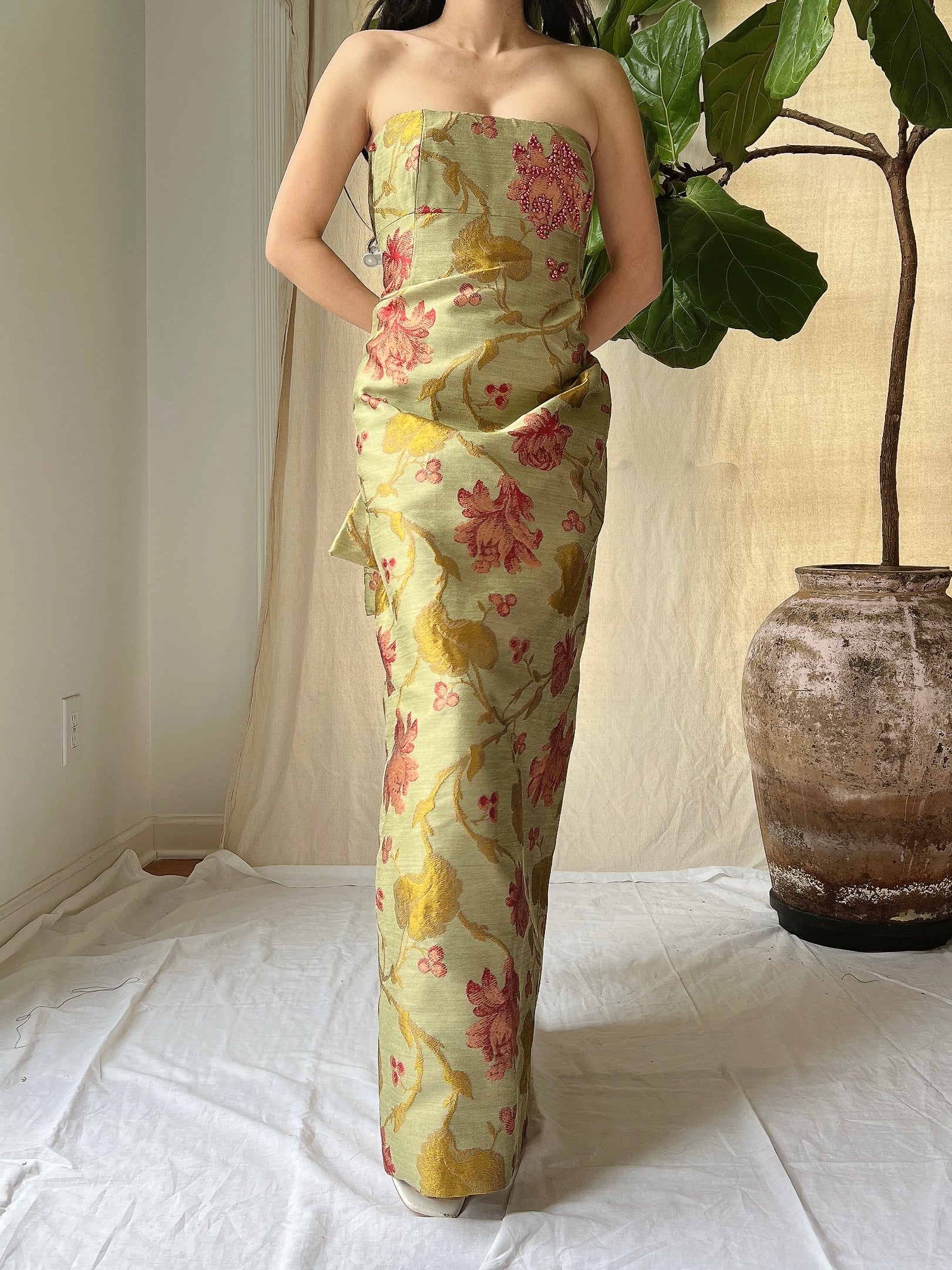 Vintage Olive Silk Brocade Tapestry Gown - M