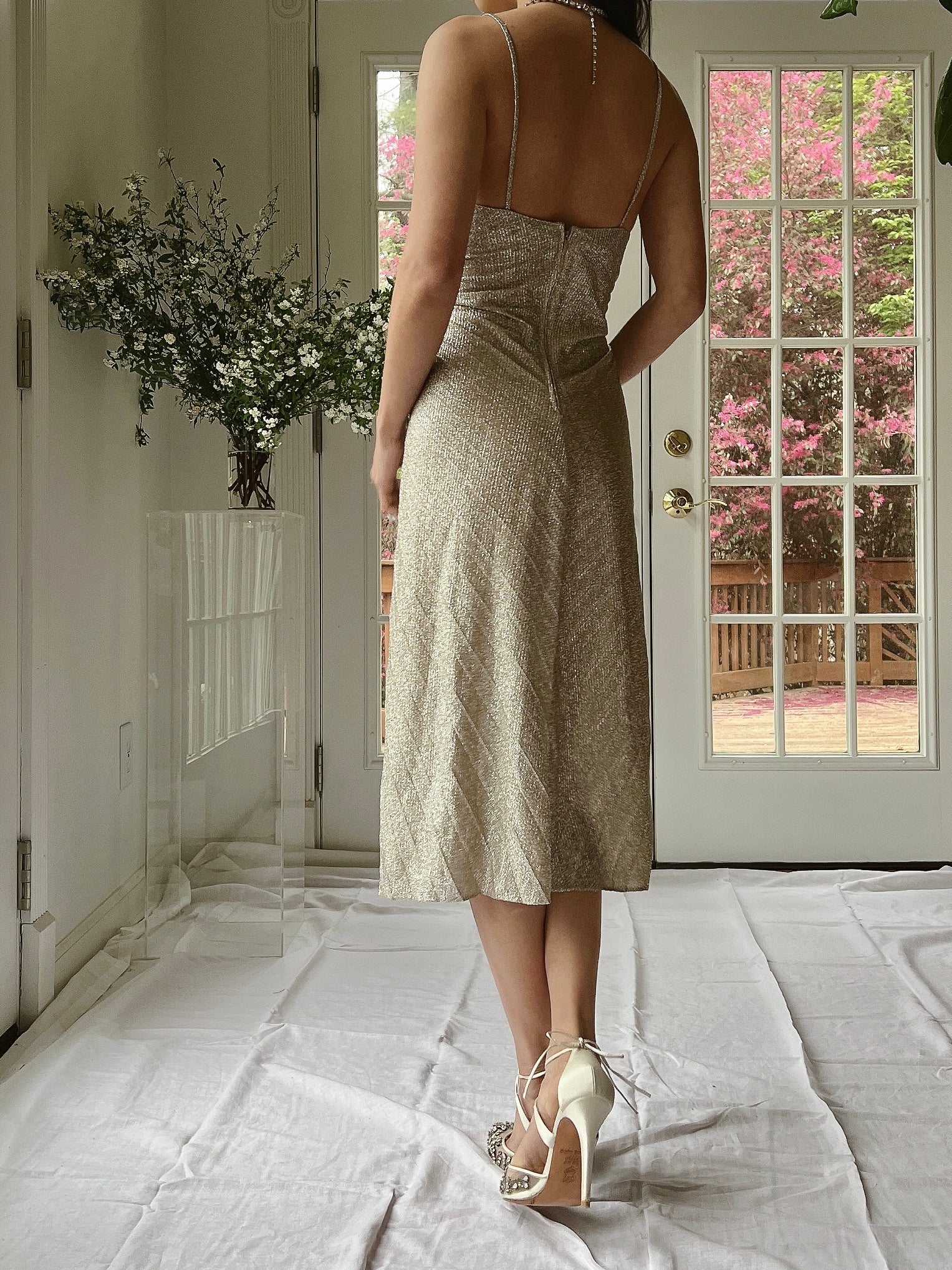 Vintage Light Gold Lurex Pleated Dress - S