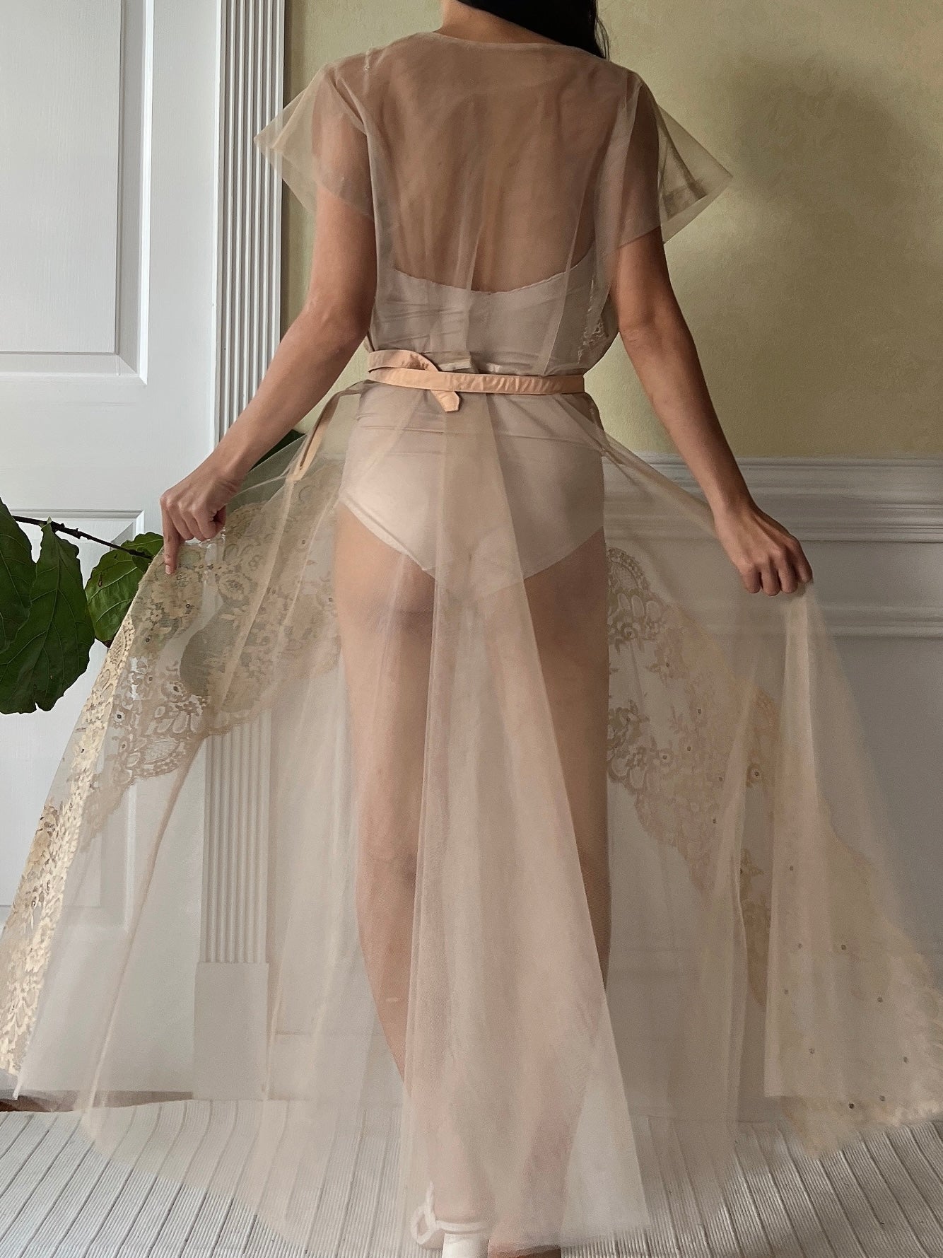 1950s Beige Tulle Sheer Dress - M