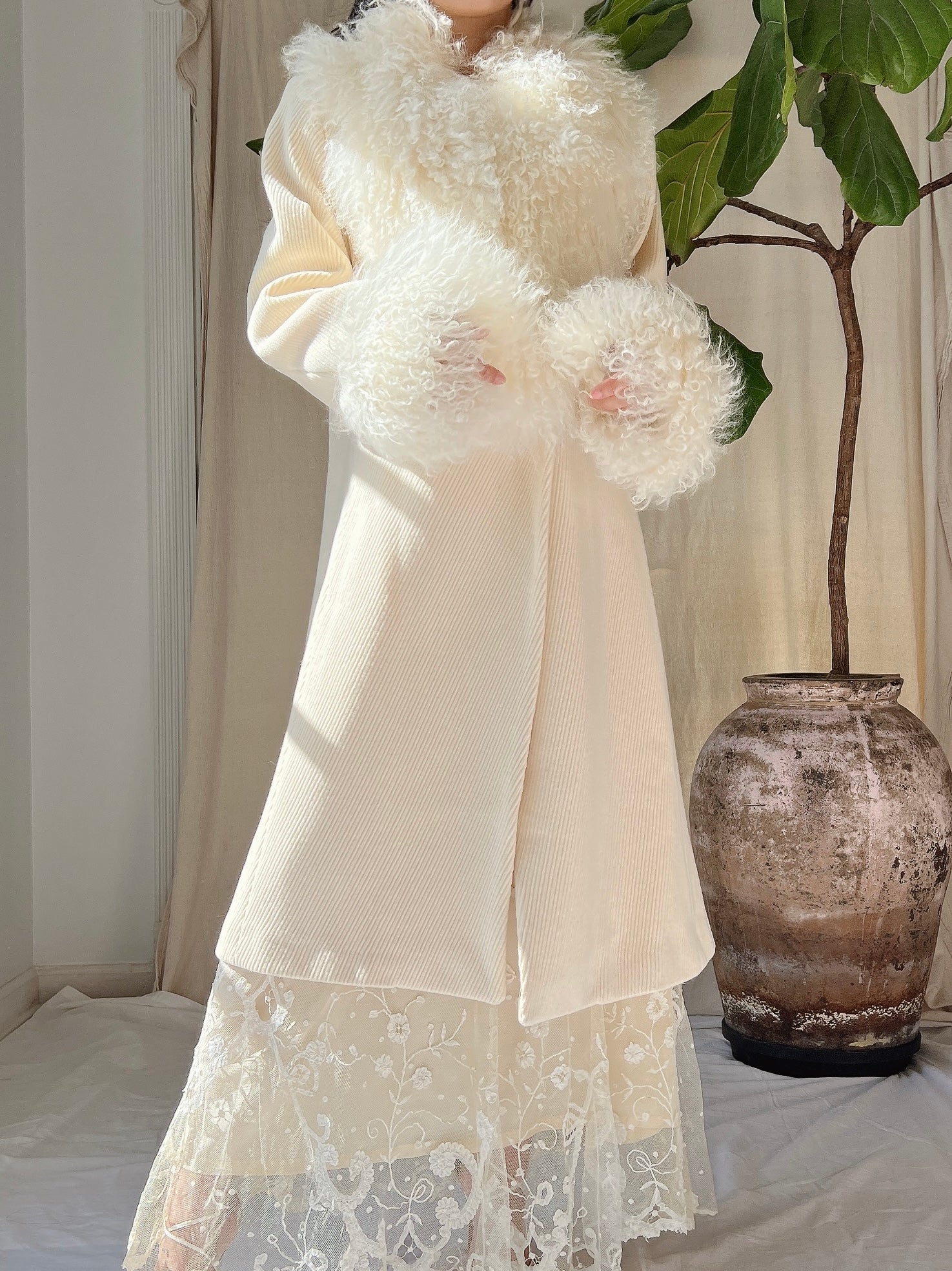 Vintage Ivory Sheared Mongolian Coat - M