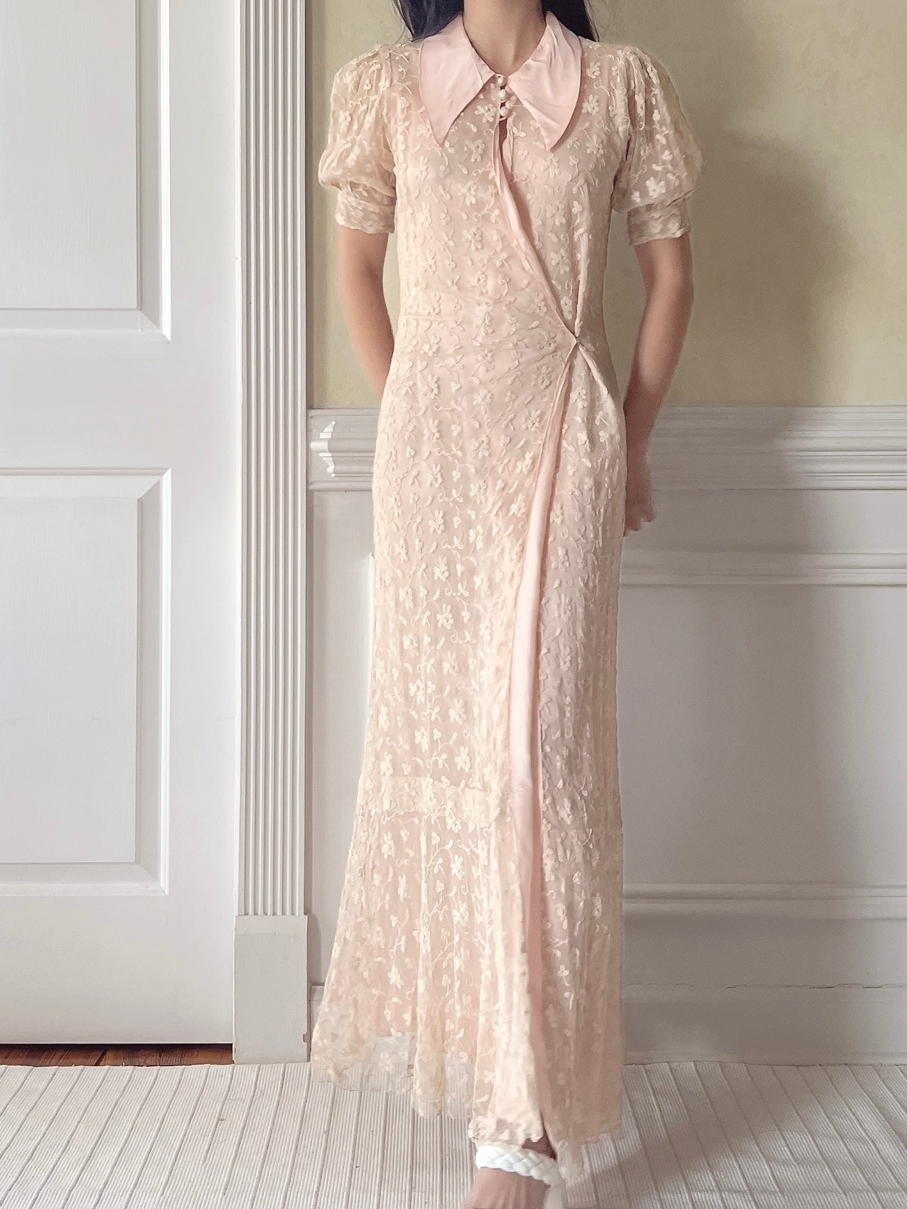 1930s Peach Needle Lace Dressing Gown  - XS/S