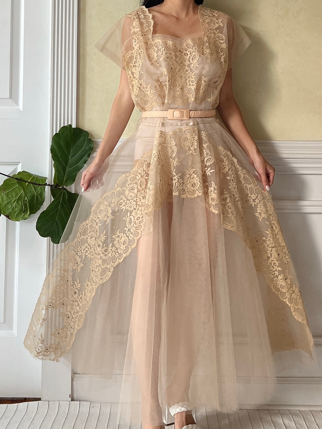 1950s Beige Tulle Sheer Dress - M