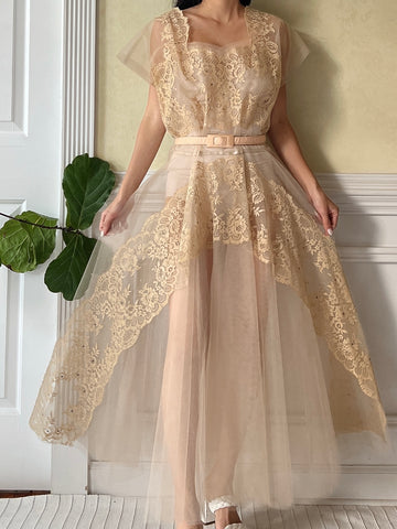 1950s Beige Tulle Sheer Dress - M