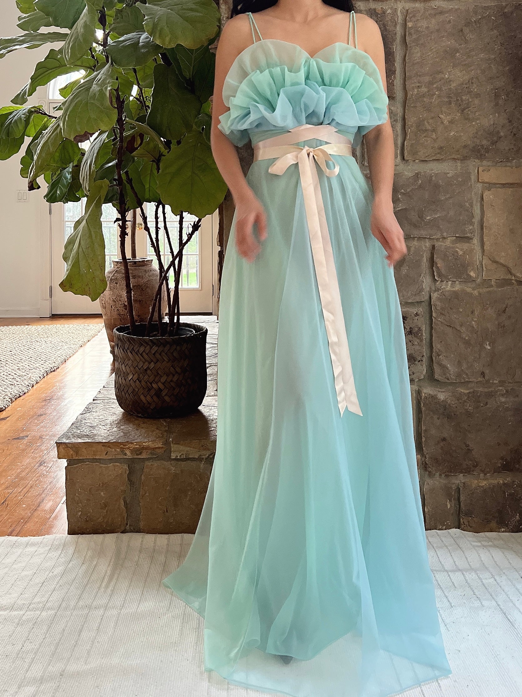 1960s Teal Sheer Tricot Chiffon Tulip Bust Gown - S/M