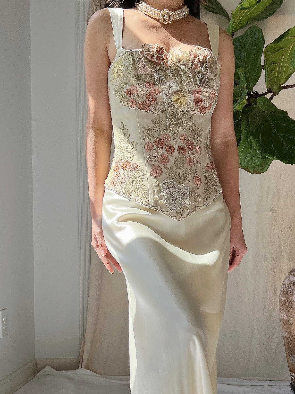 Vintage Eavis and Brown Silk Embroidered Corset - S-L