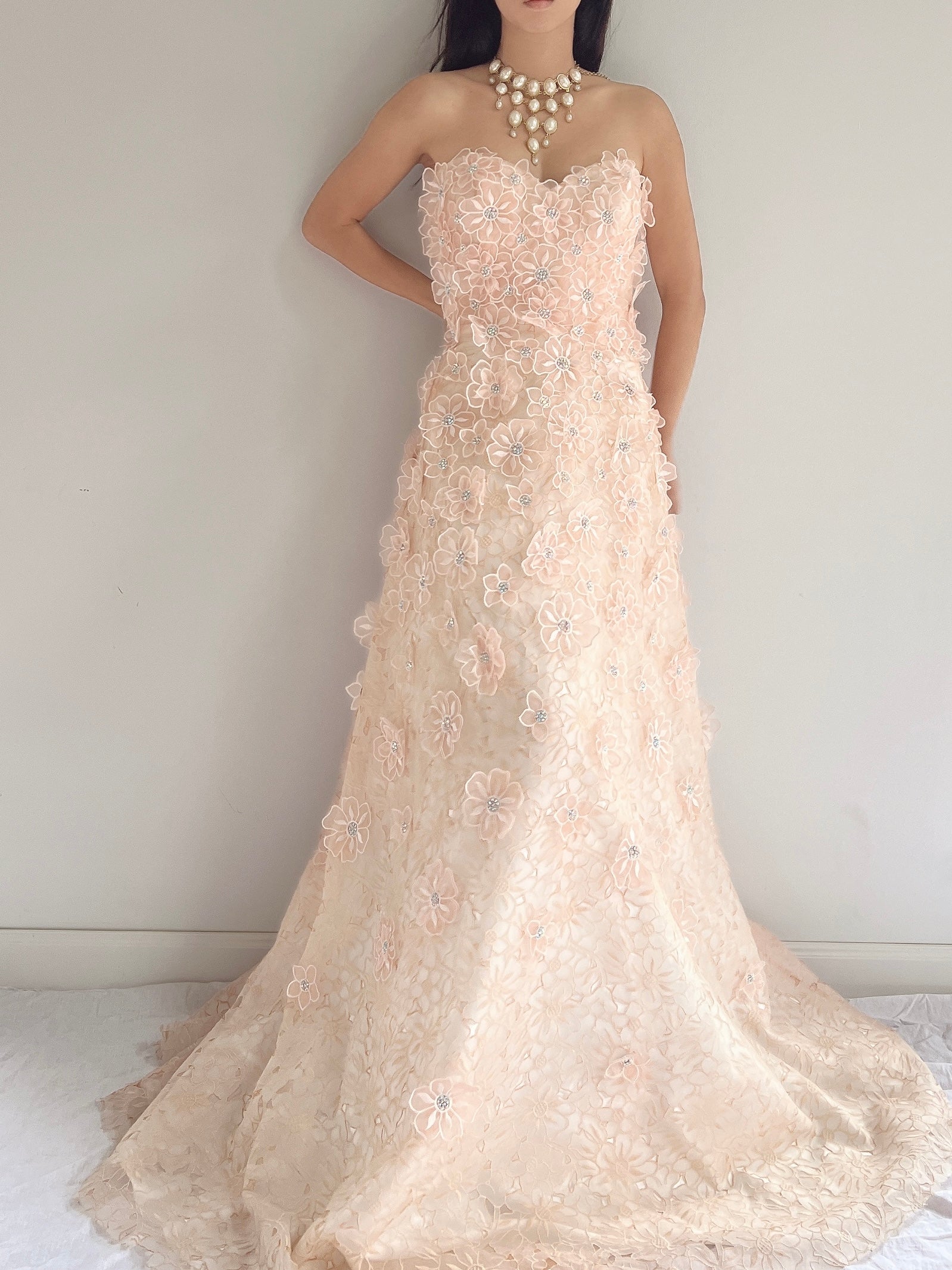 Y2K Peach Floral Applique Gown - S/6