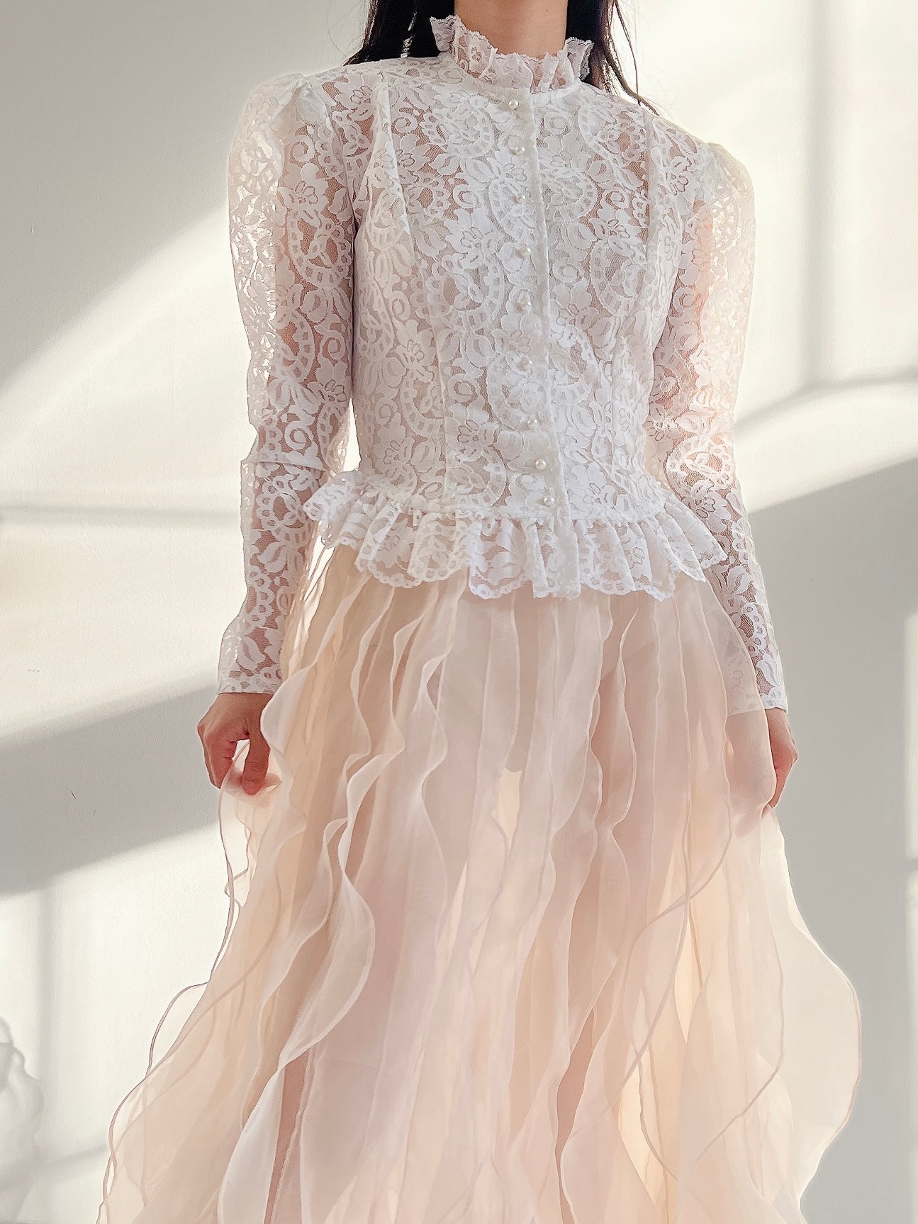Vintage Mutton Sleeve Lace Top - S