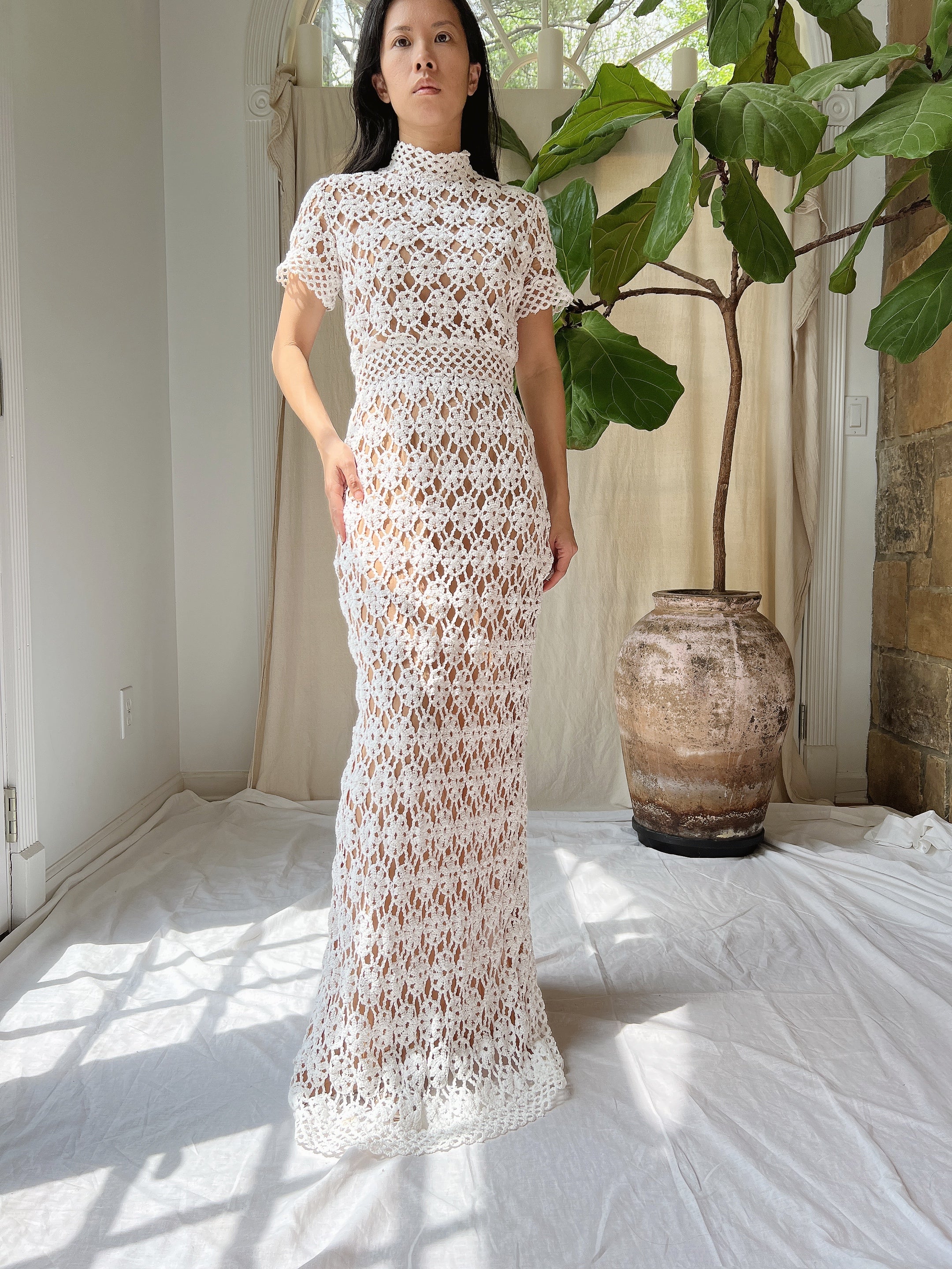 Vintage Mock Neck Crochet Dress - XS