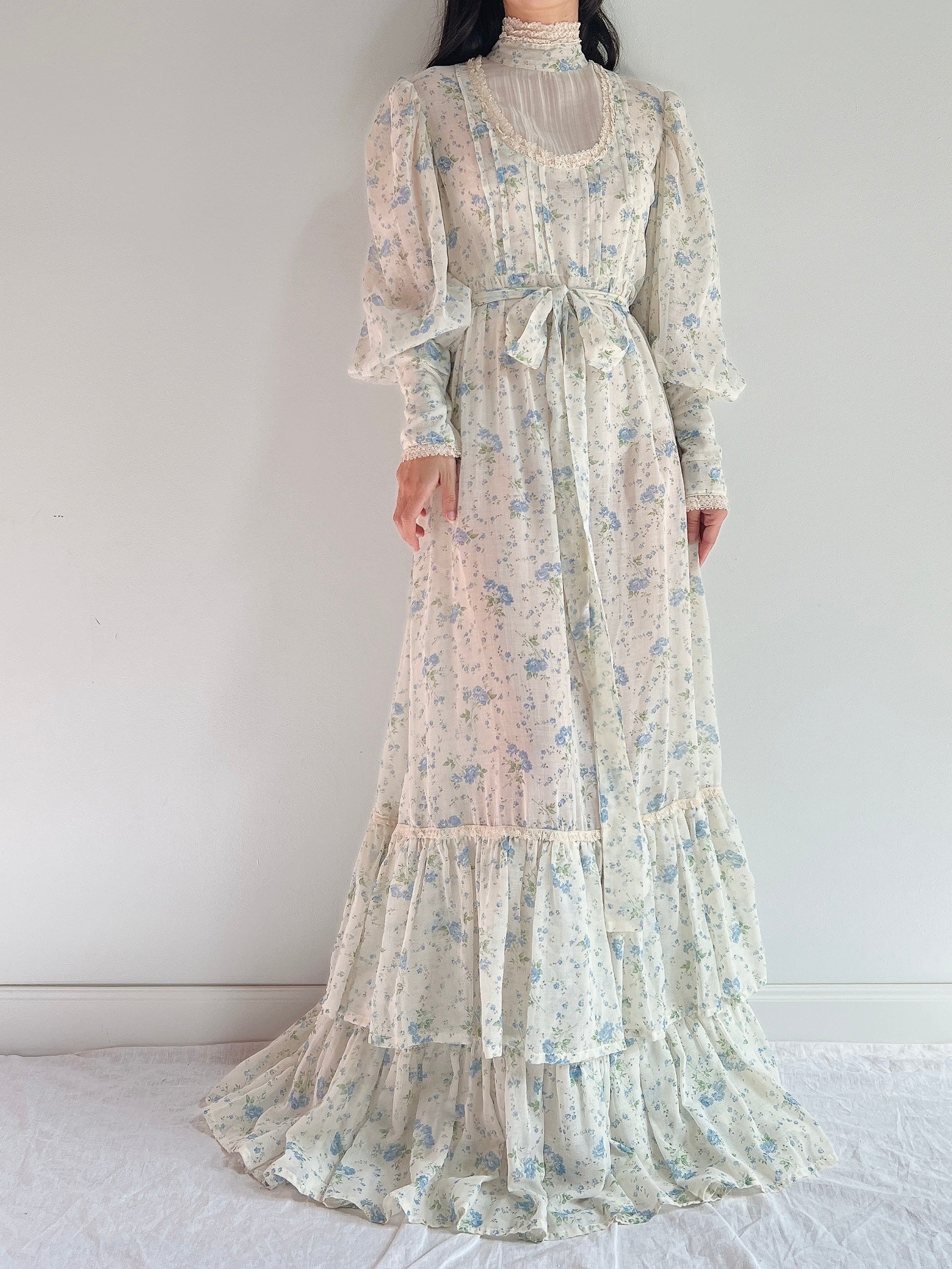 1970s Puff Sleeve Cotton Calico Dress - M