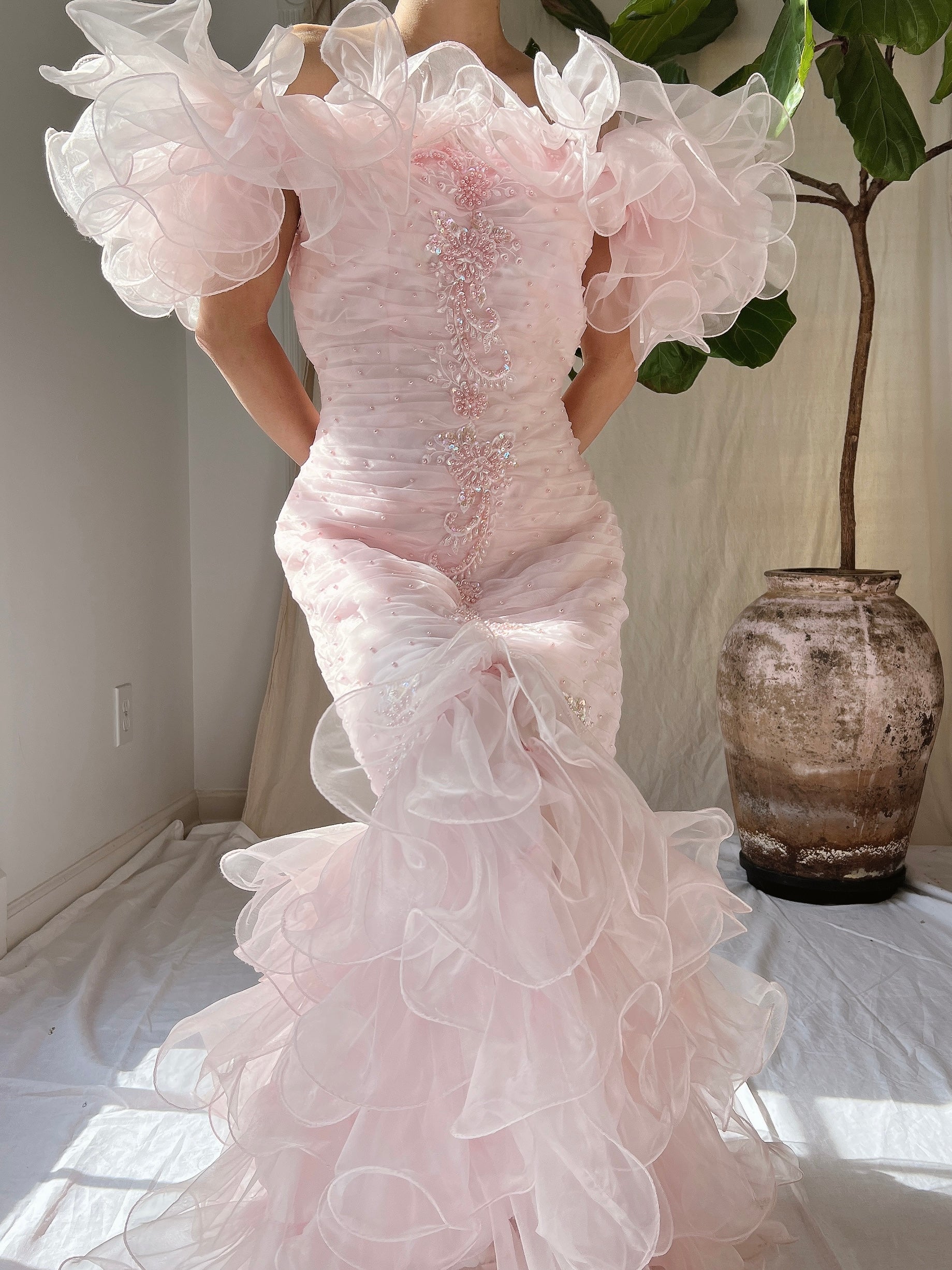 Vintage Pink Ruffle Dress - S