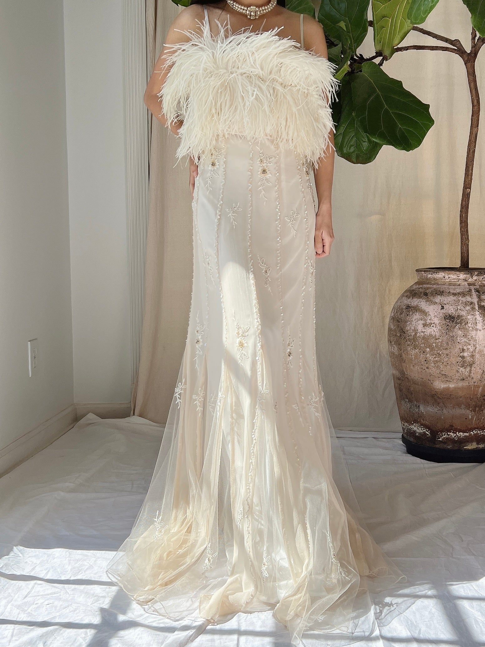 Vintage Silk Feather Dress - S/M