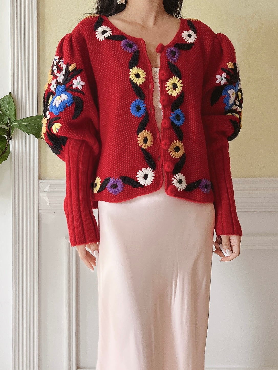 Vintage Puff Sleeves Embroidered Hand Knit Cardigan - S/M