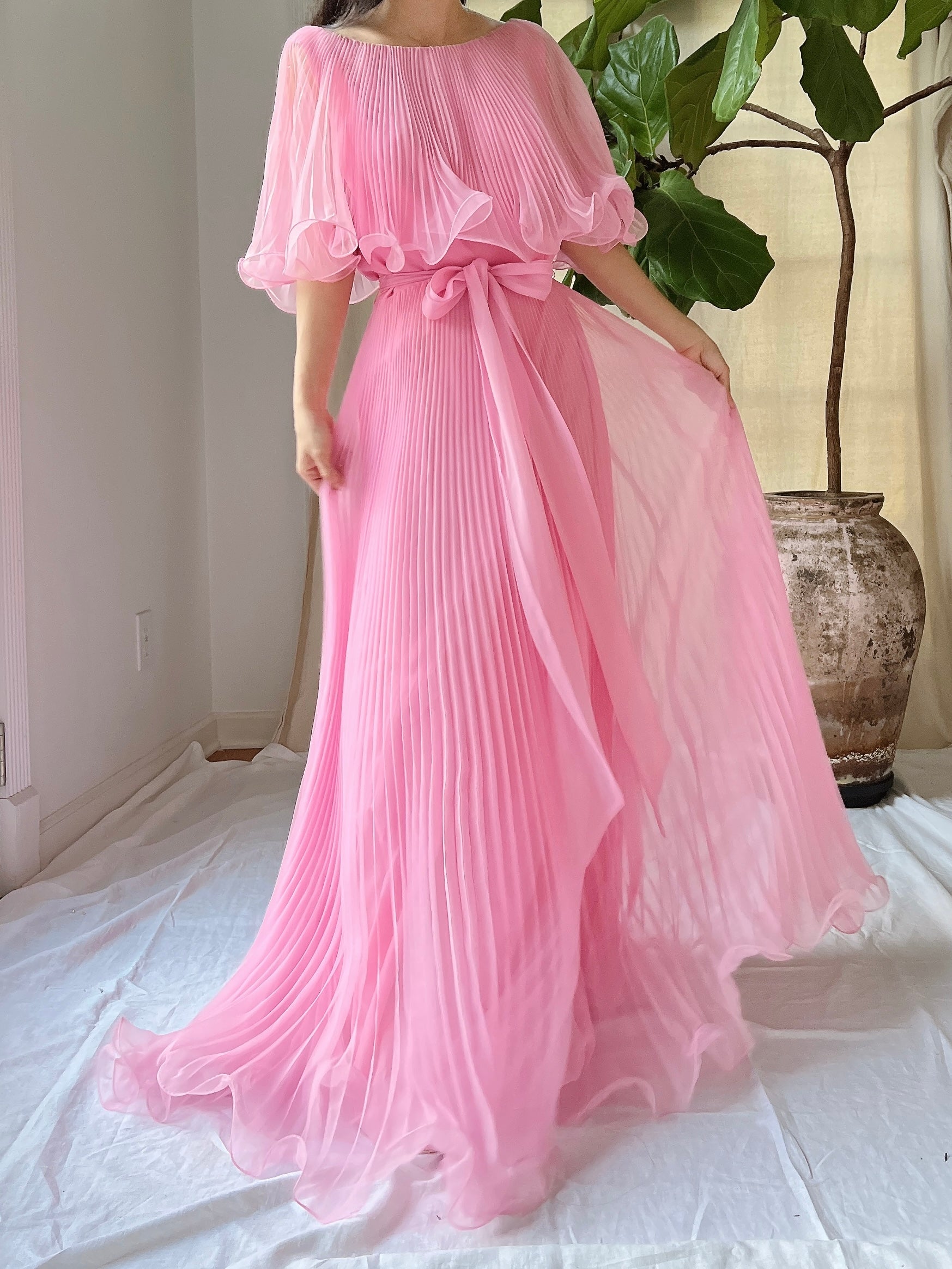 Vintage Pleated Cape Collar Dress - S
