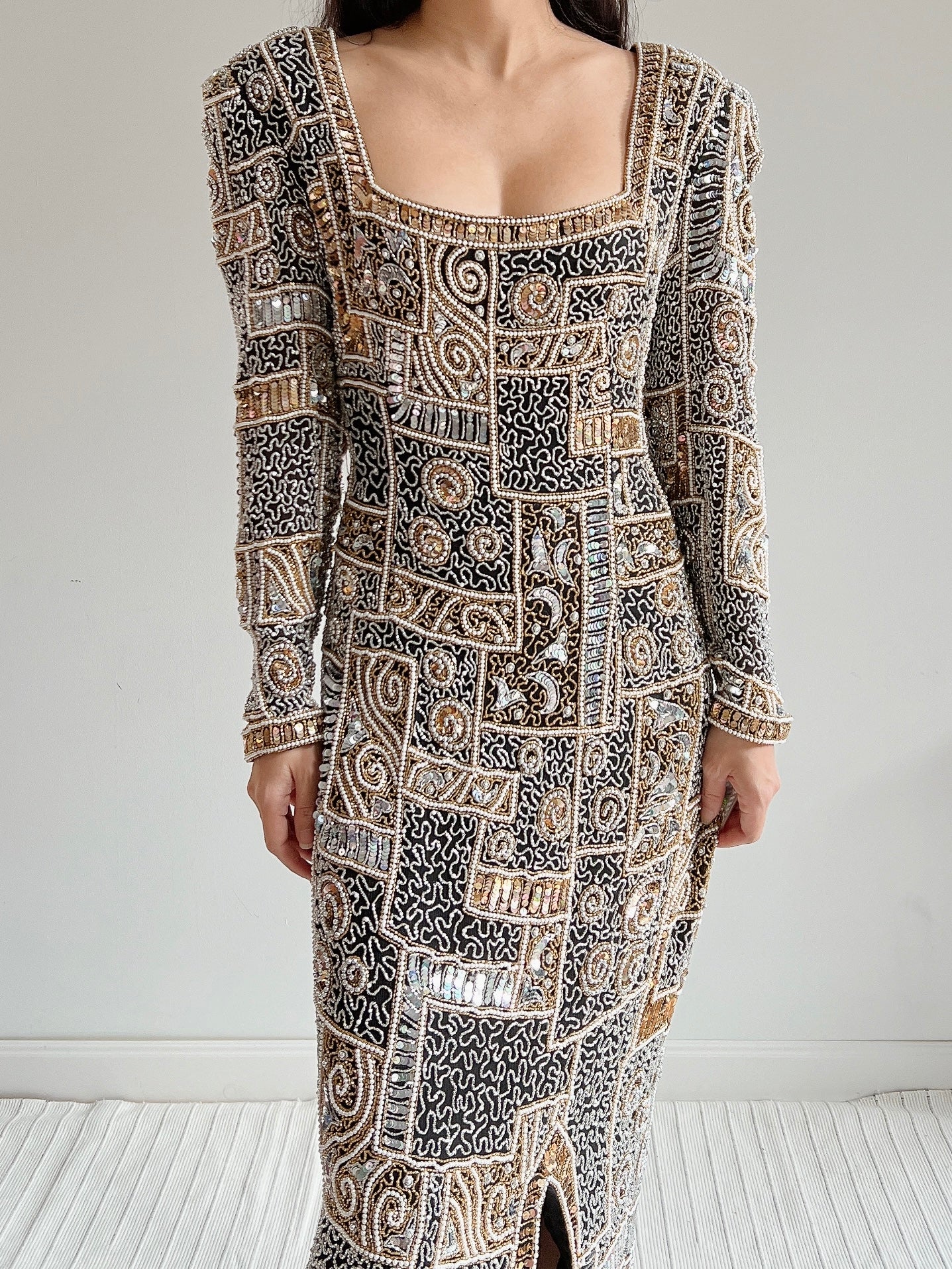 1980s Silk Chiffon Heavily Beaded Gown - M