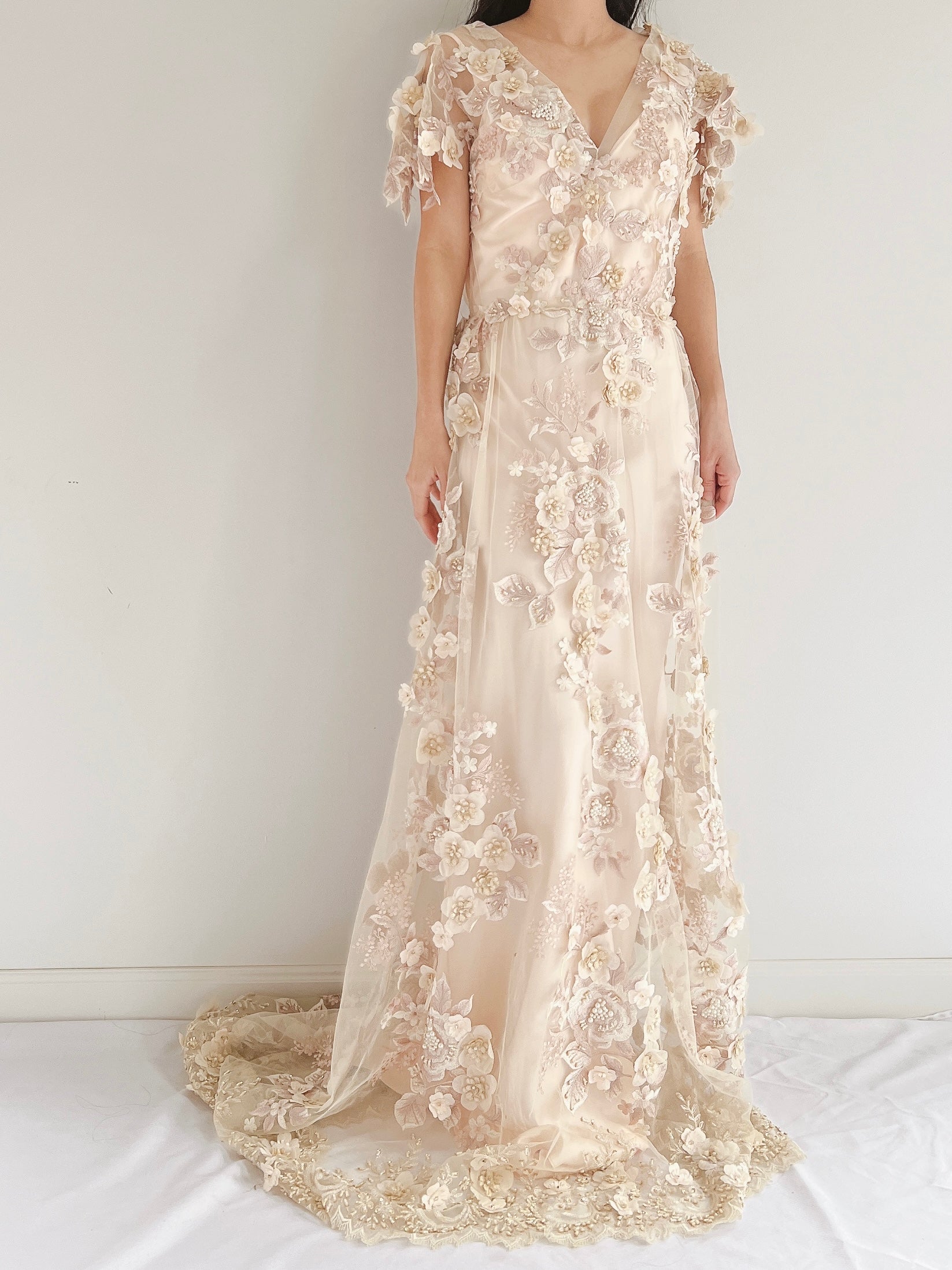 GOSSAMER Embroidered Cap Sleeves Gown - S/M