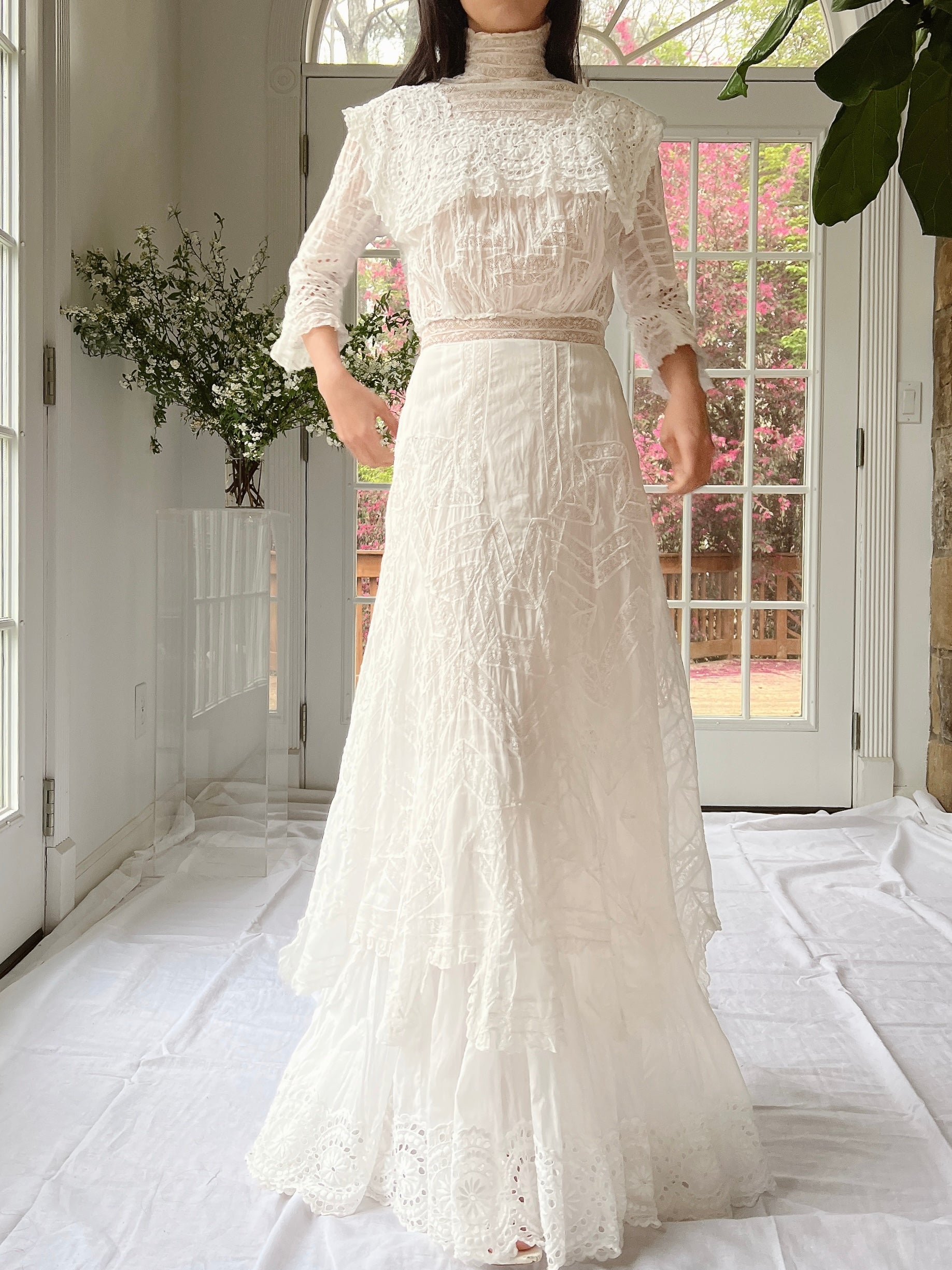 Antique High Neck Cotton and Lace Gown - XS