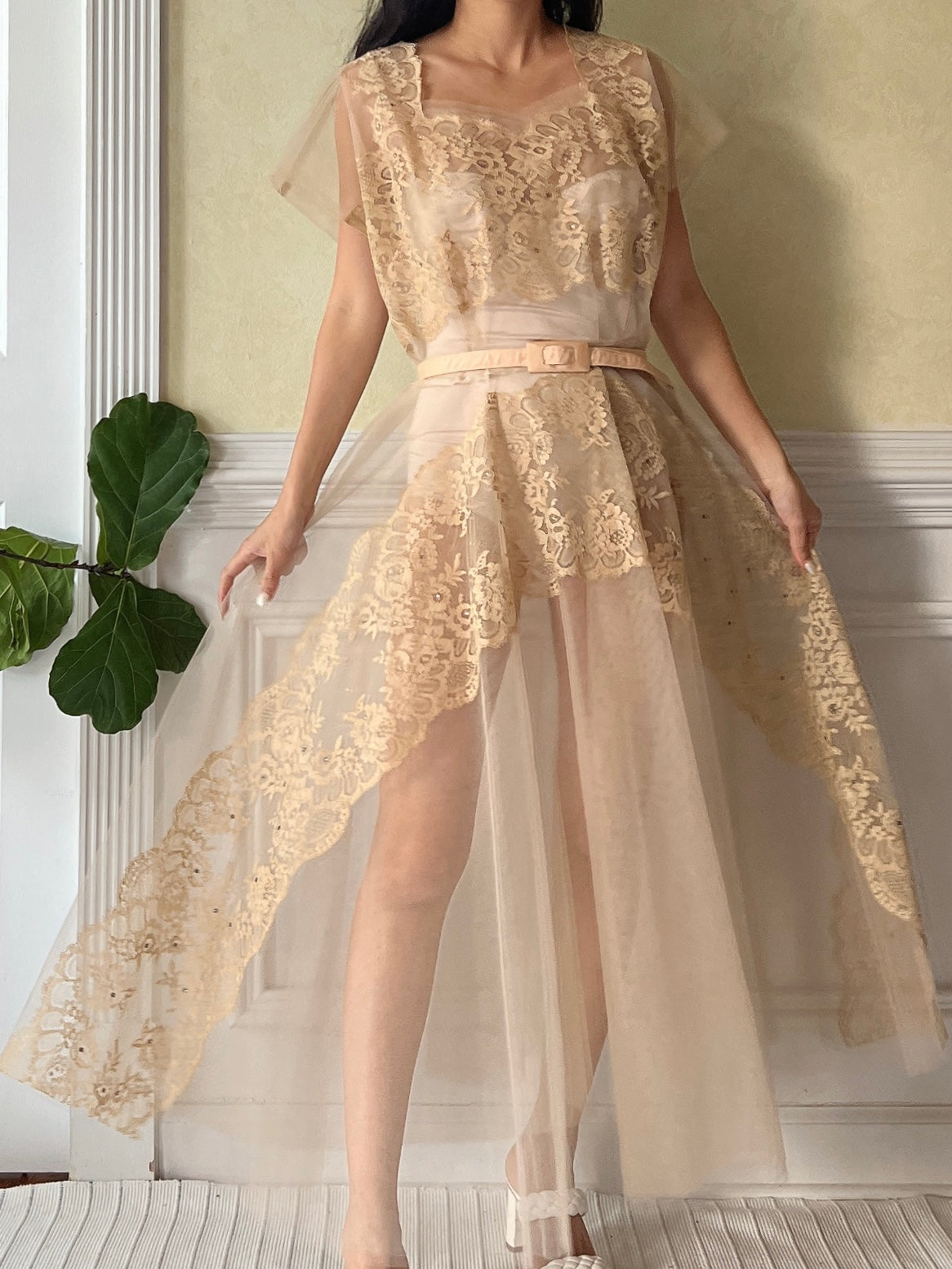1950s Beige Tulle Sheer Dress - M