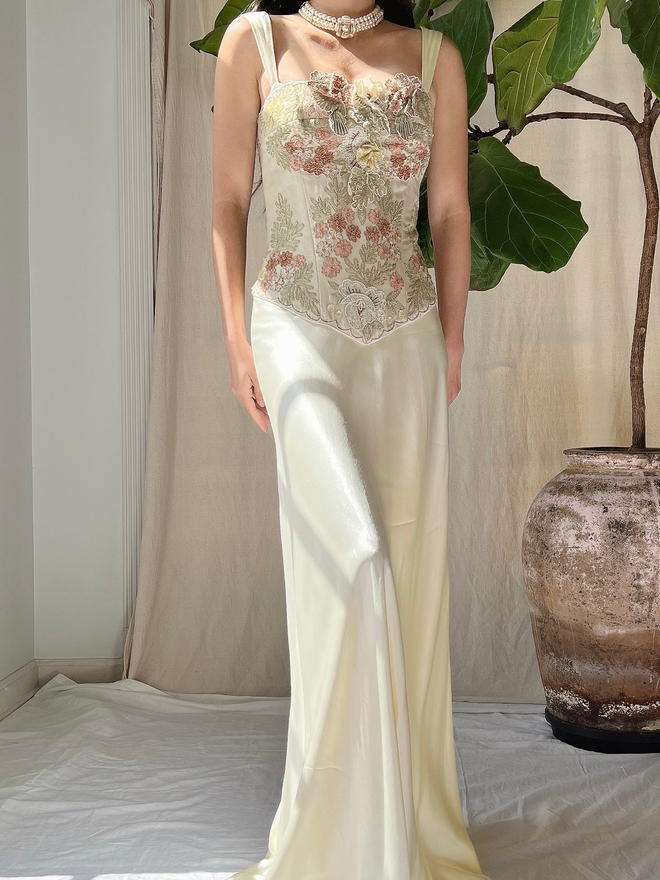 Vintage Eavis and Brown Silk Embroidered Corset - S-L