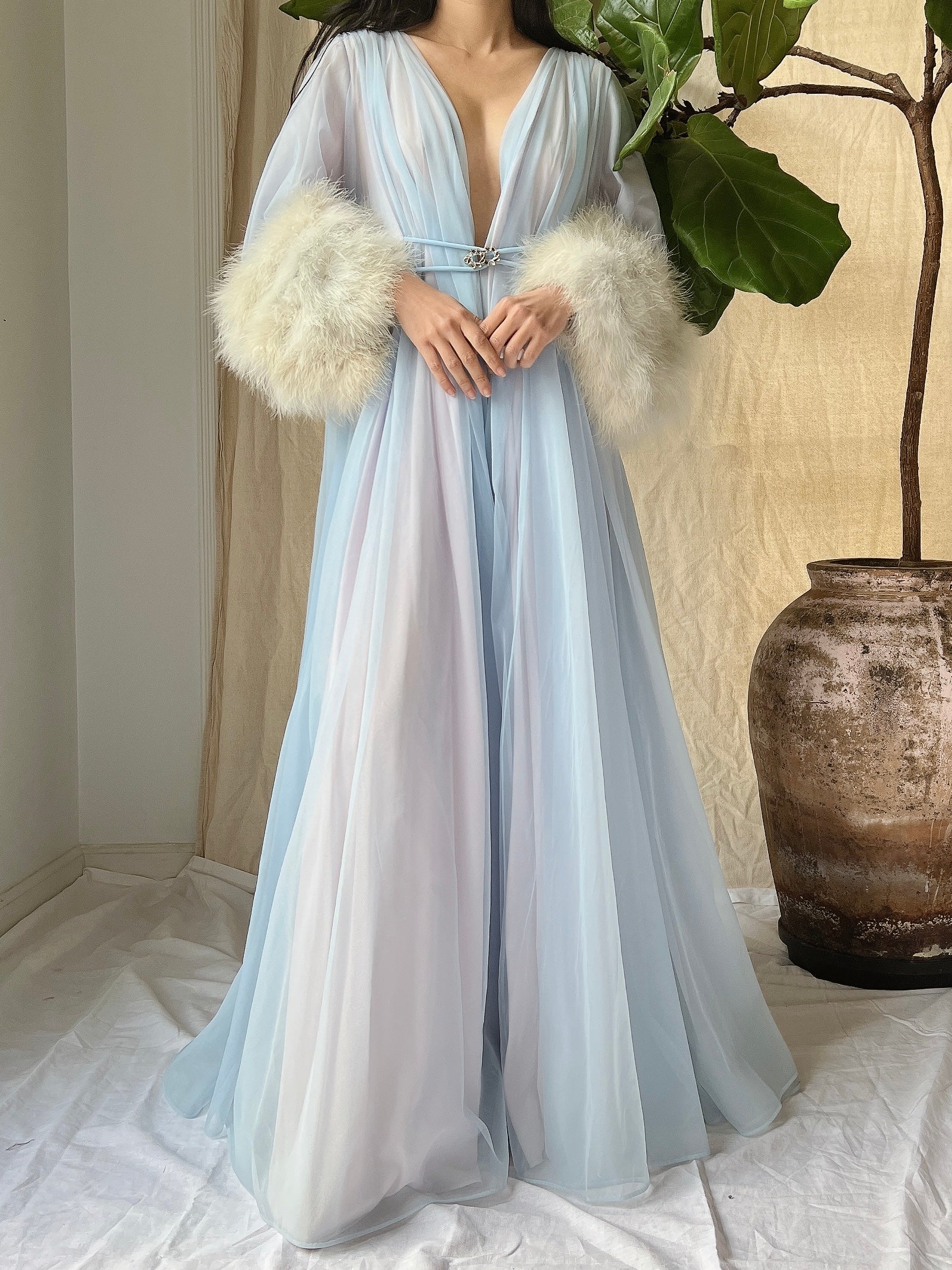 1950s Claire Sandra Lucie Ann Nylon Feather Robe - OSFM