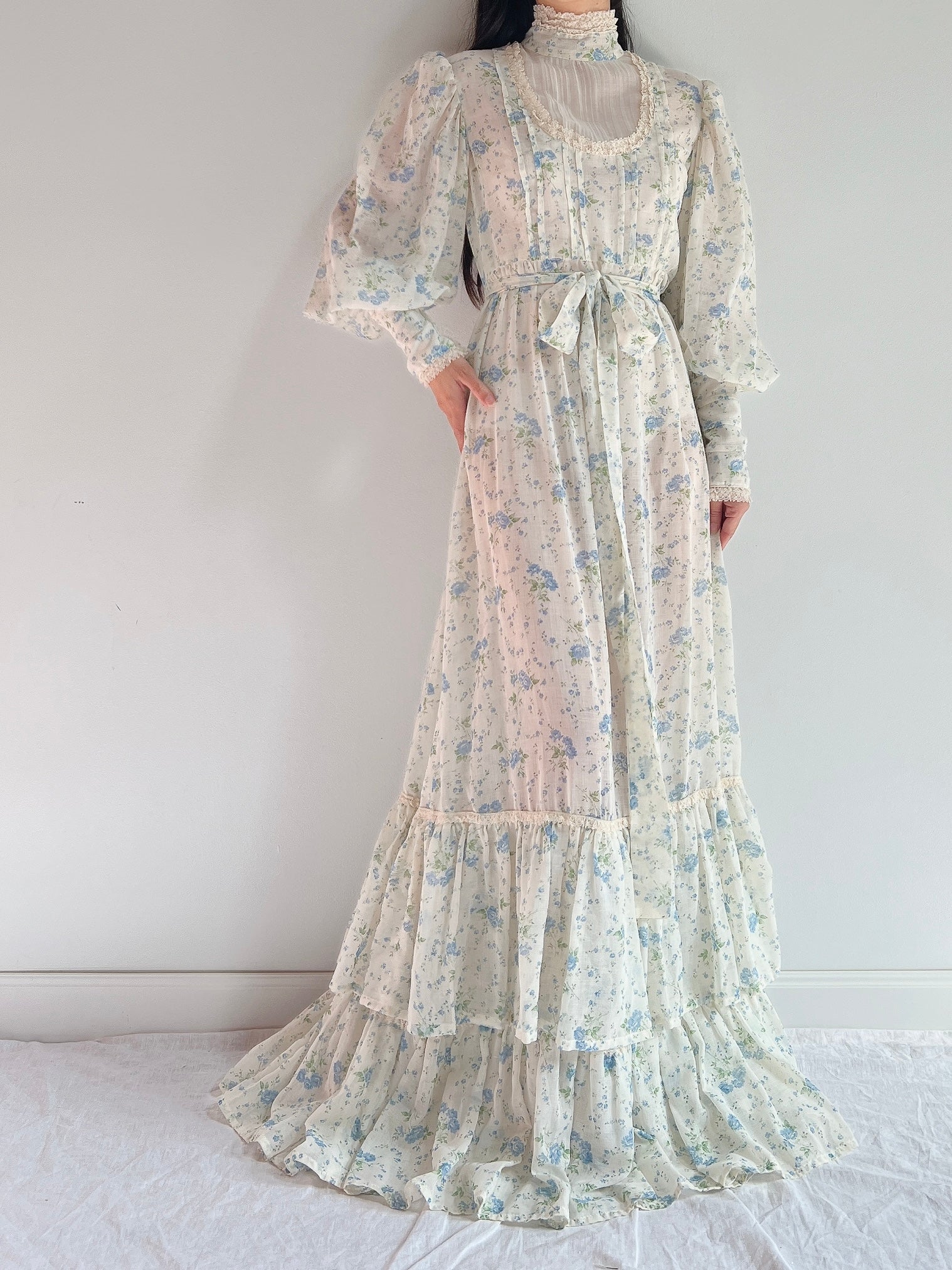 1970s Puff Sleeve Cotton Calico Dress - M
