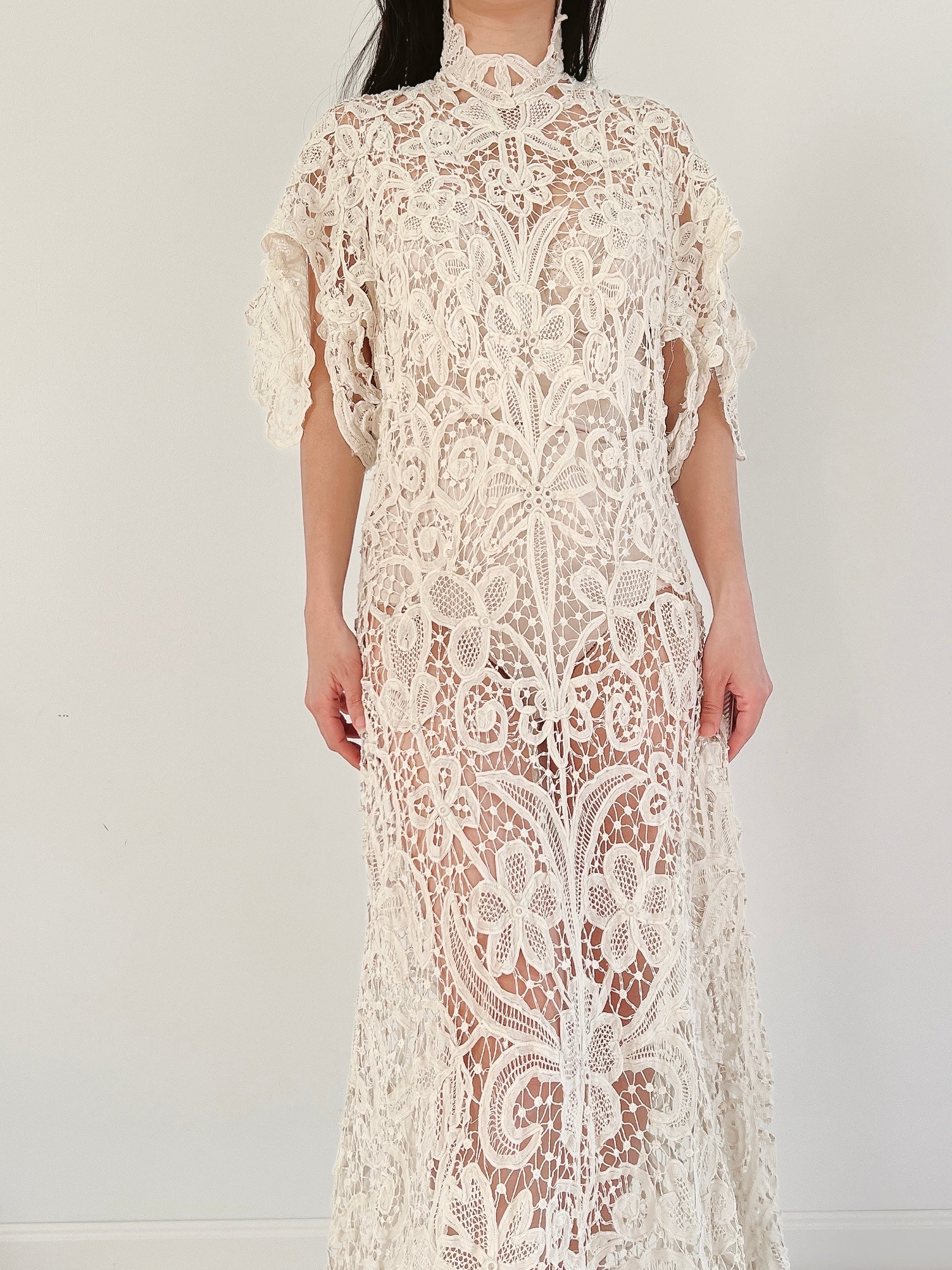Rare Antique Battenburg Tape Lace Gown - S-M
