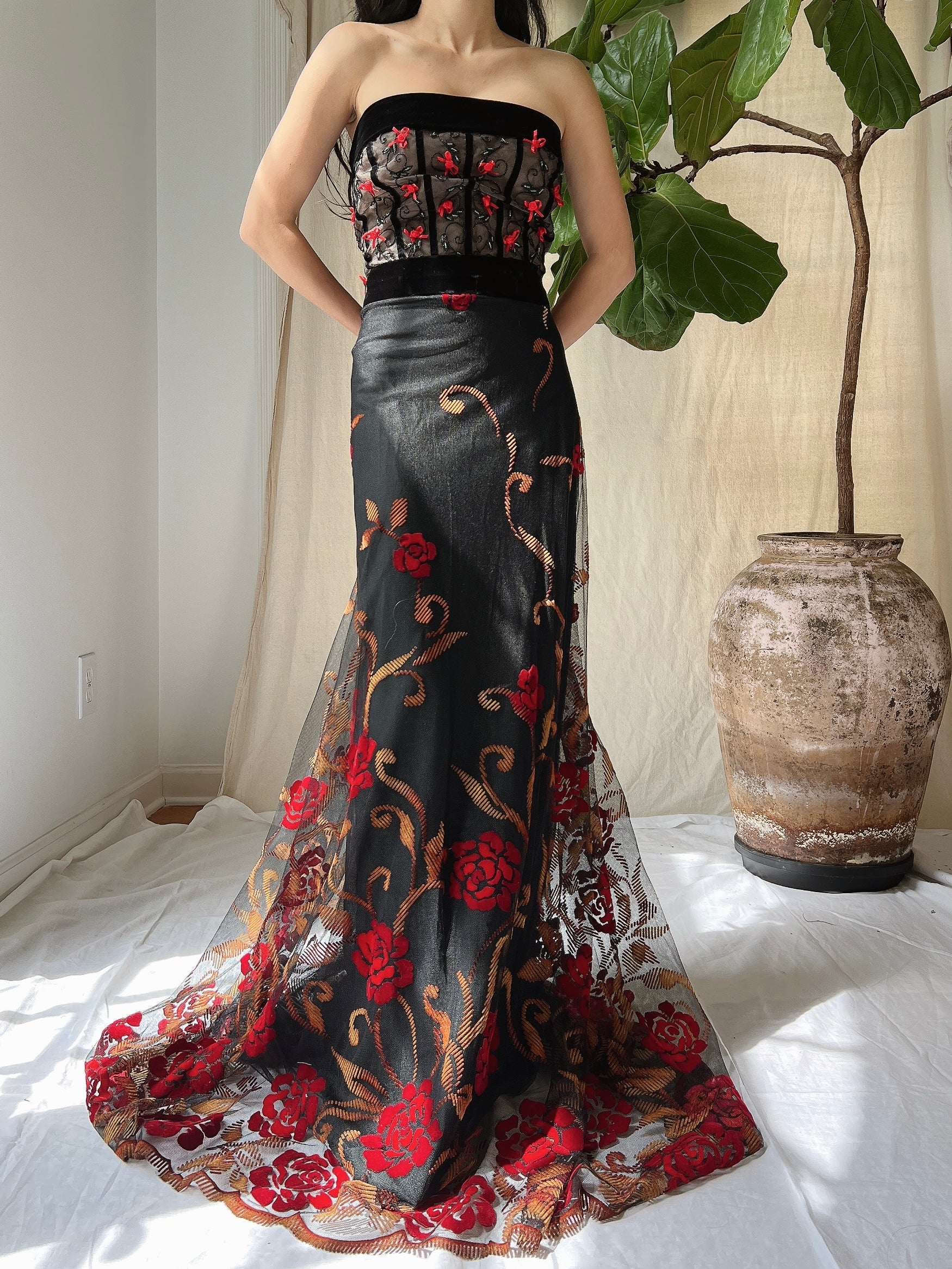 Vintage Floral Strapless Dress - L
