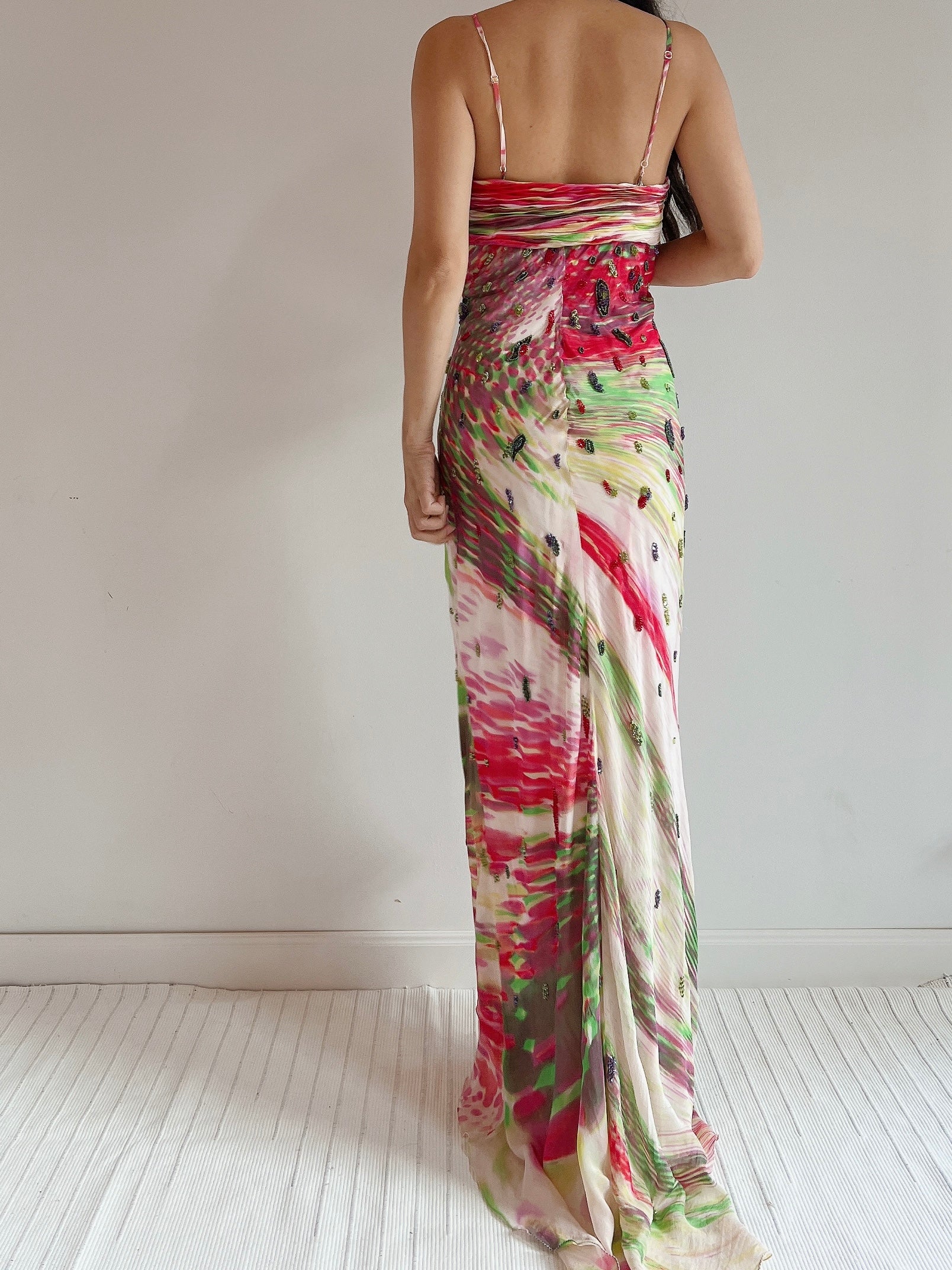 1990s Silk Floral Print Beaded Gown - M