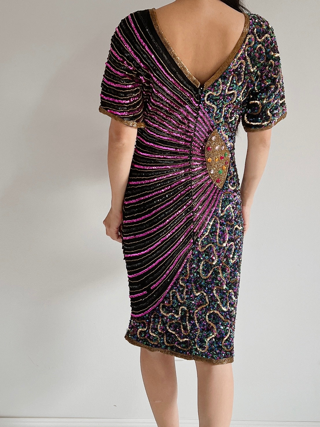 1980s Abstract Silk Beaded Dress - S
