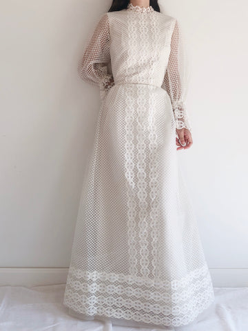 1960s Puff Sleeves Dotted Gown - S