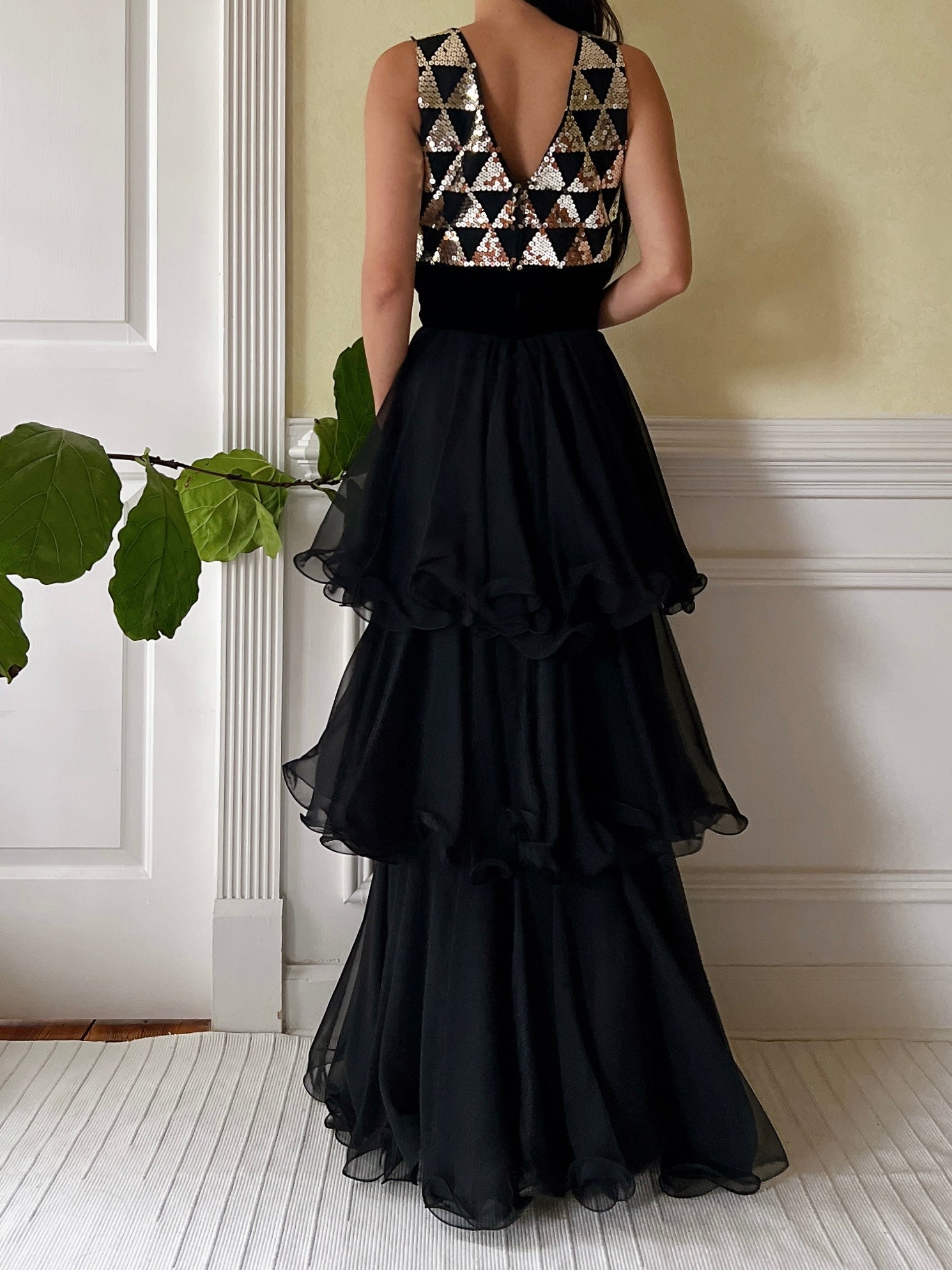 1960s Tiered Sequins and Chiffon Dress  - S