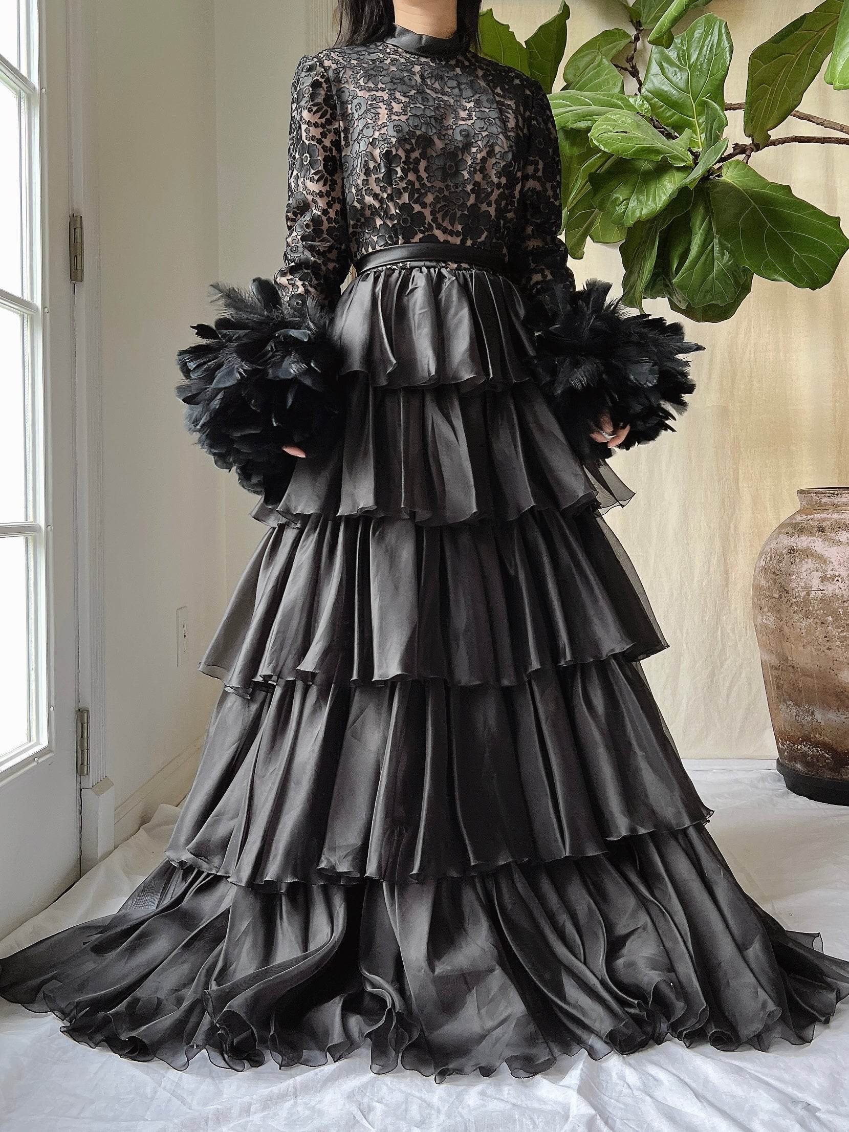 Vintage Organza Feather Sleeve Dress - XS/S