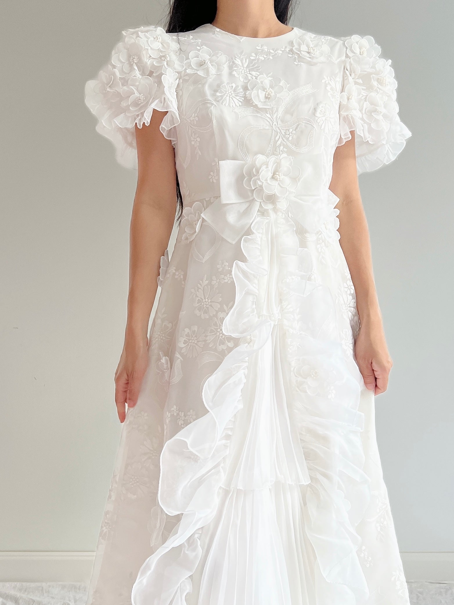 Vintage White 3D Floral Dress - S