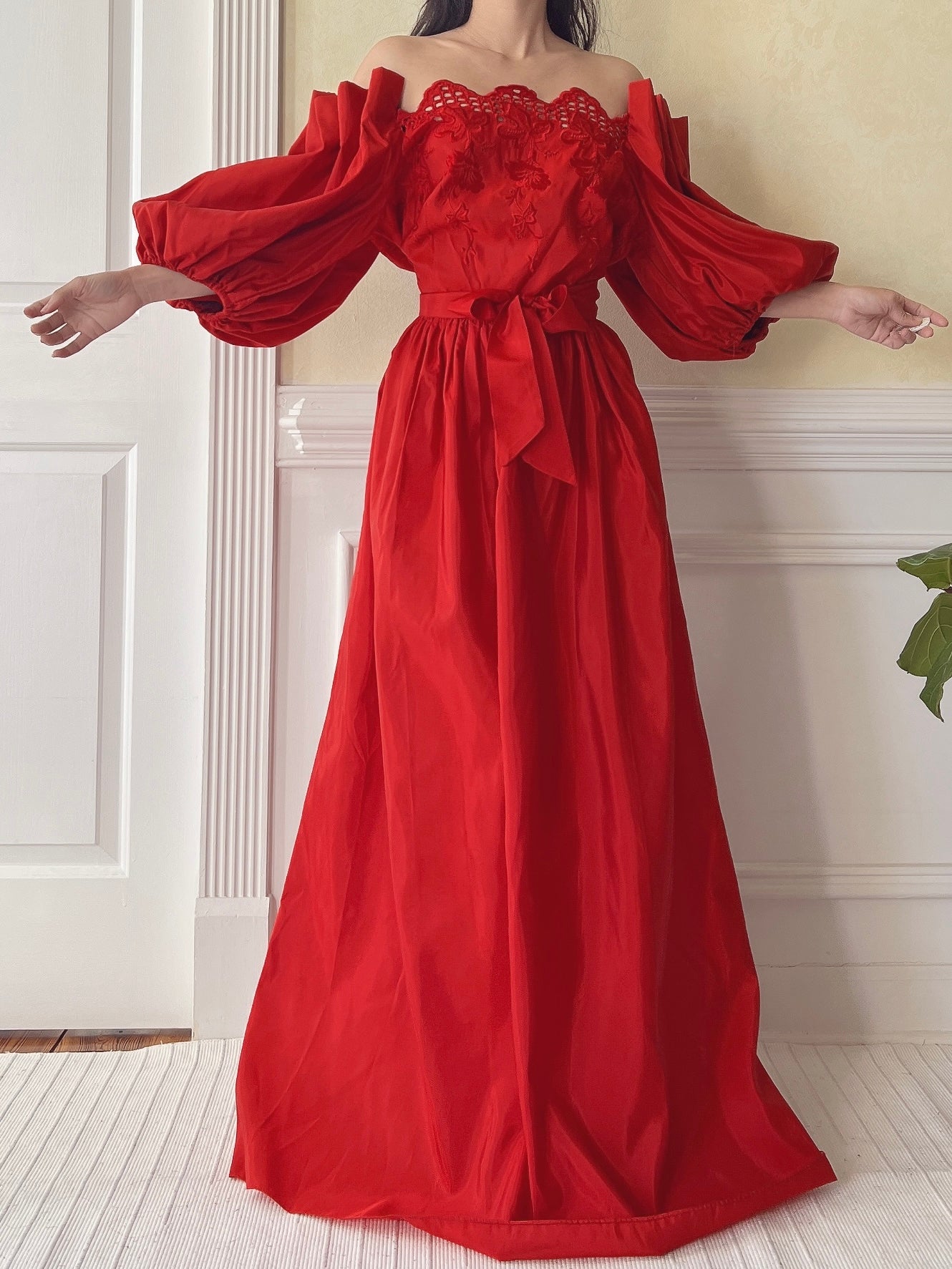 Vintage Red Taffeta Puff Sleeve Dress - S