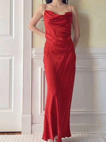 Vintage Red Silk Cowl Slip - M