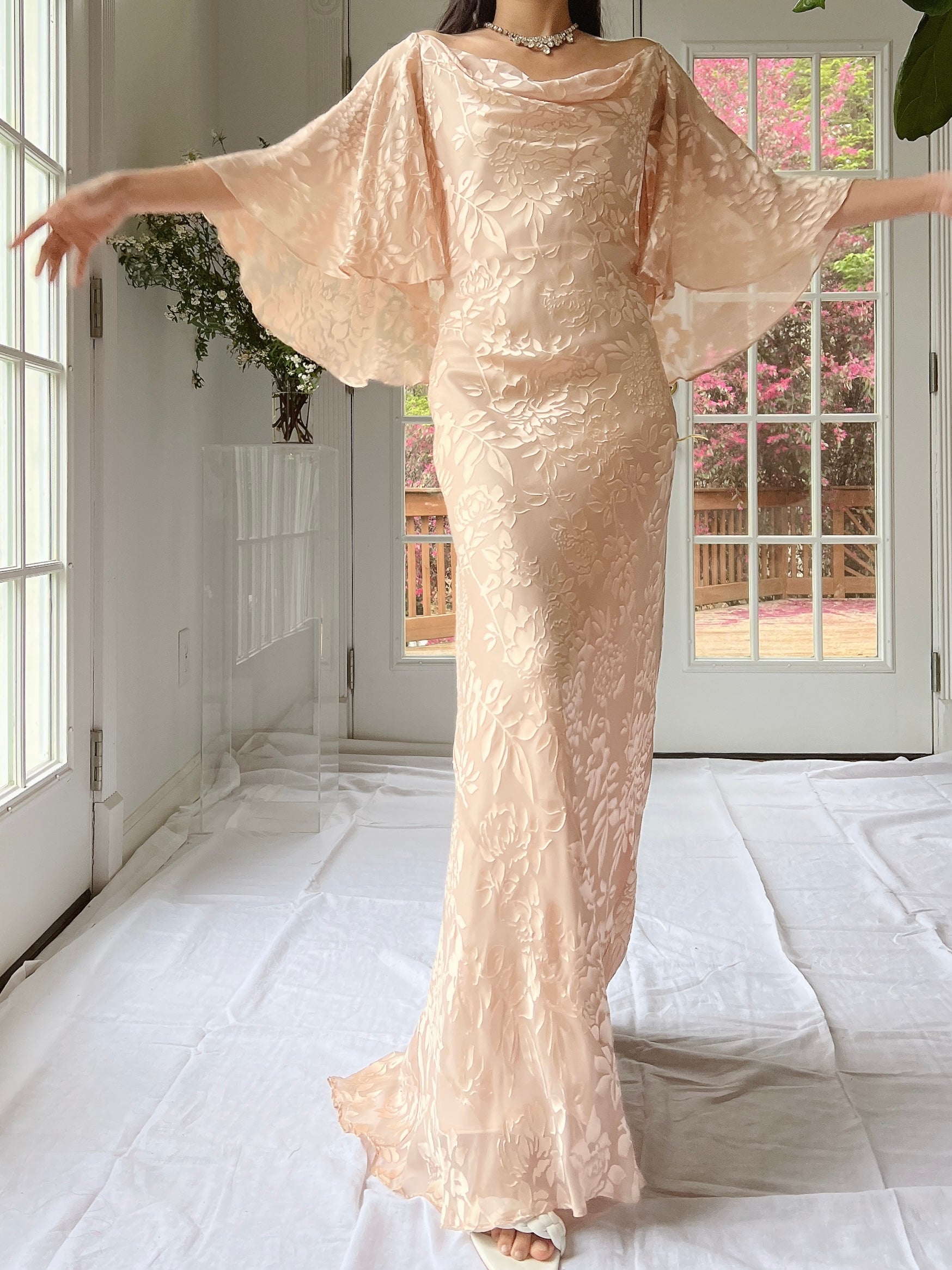 Vintage Chiffon Devore Cape Sleeves Gown - M
