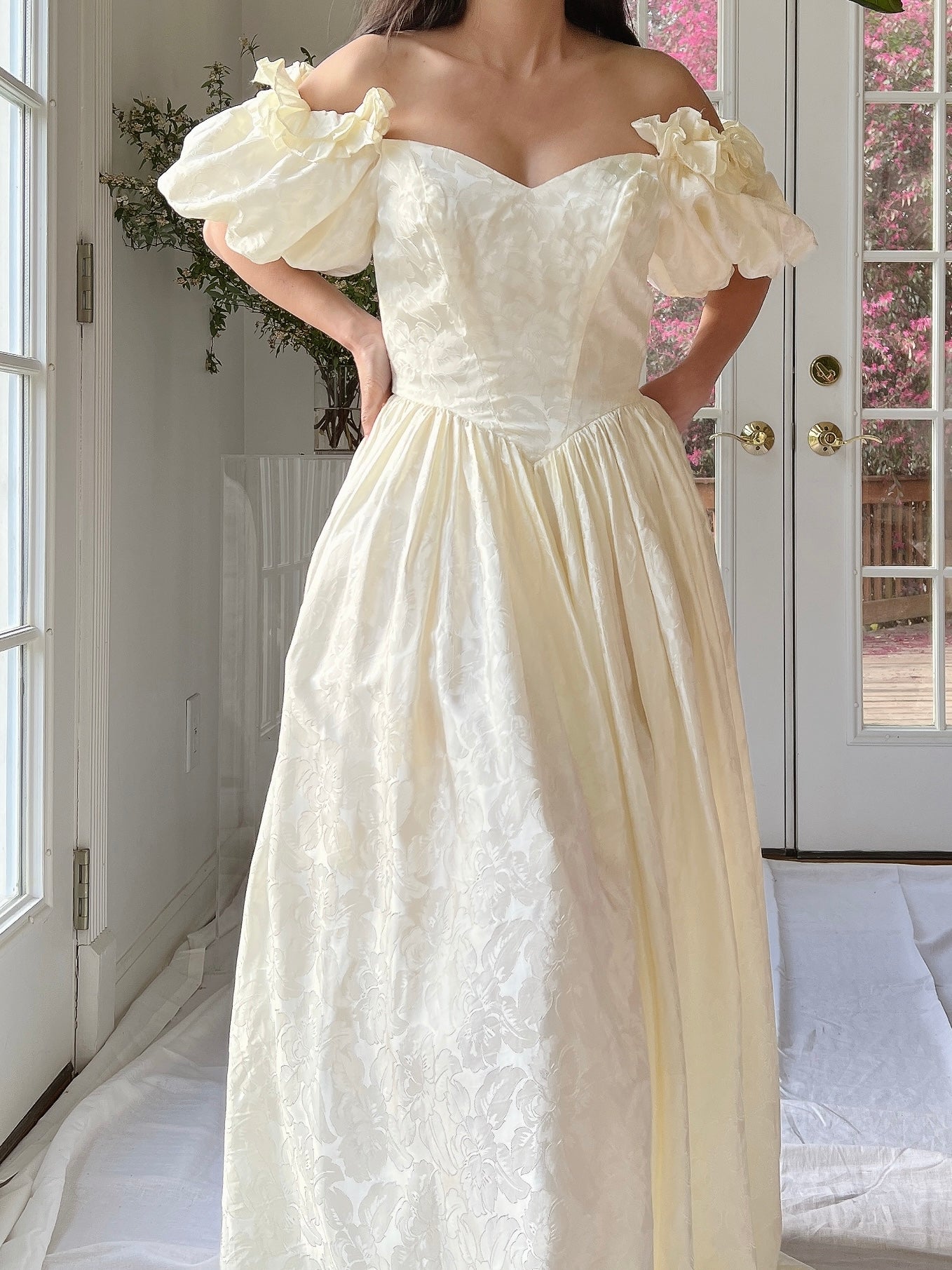 1980s Brocade Floral Puff Sleeve Gown - XS