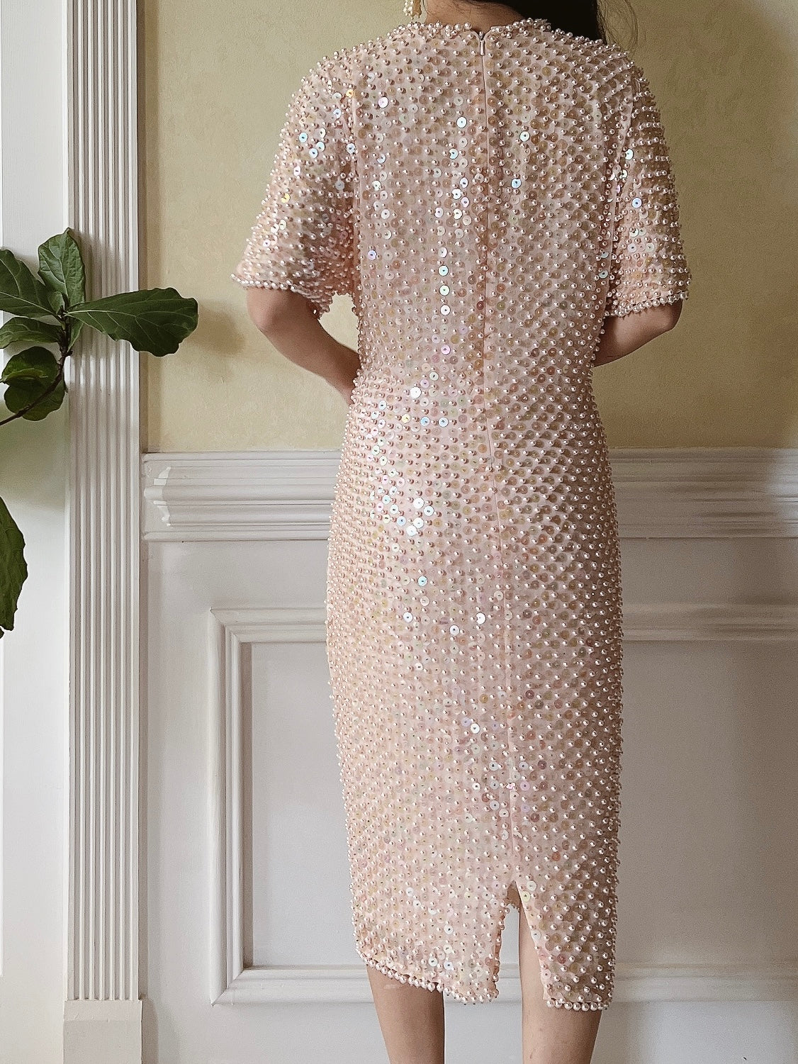 Vintage Shell Pink Pearl/Sequins Dress - M/L