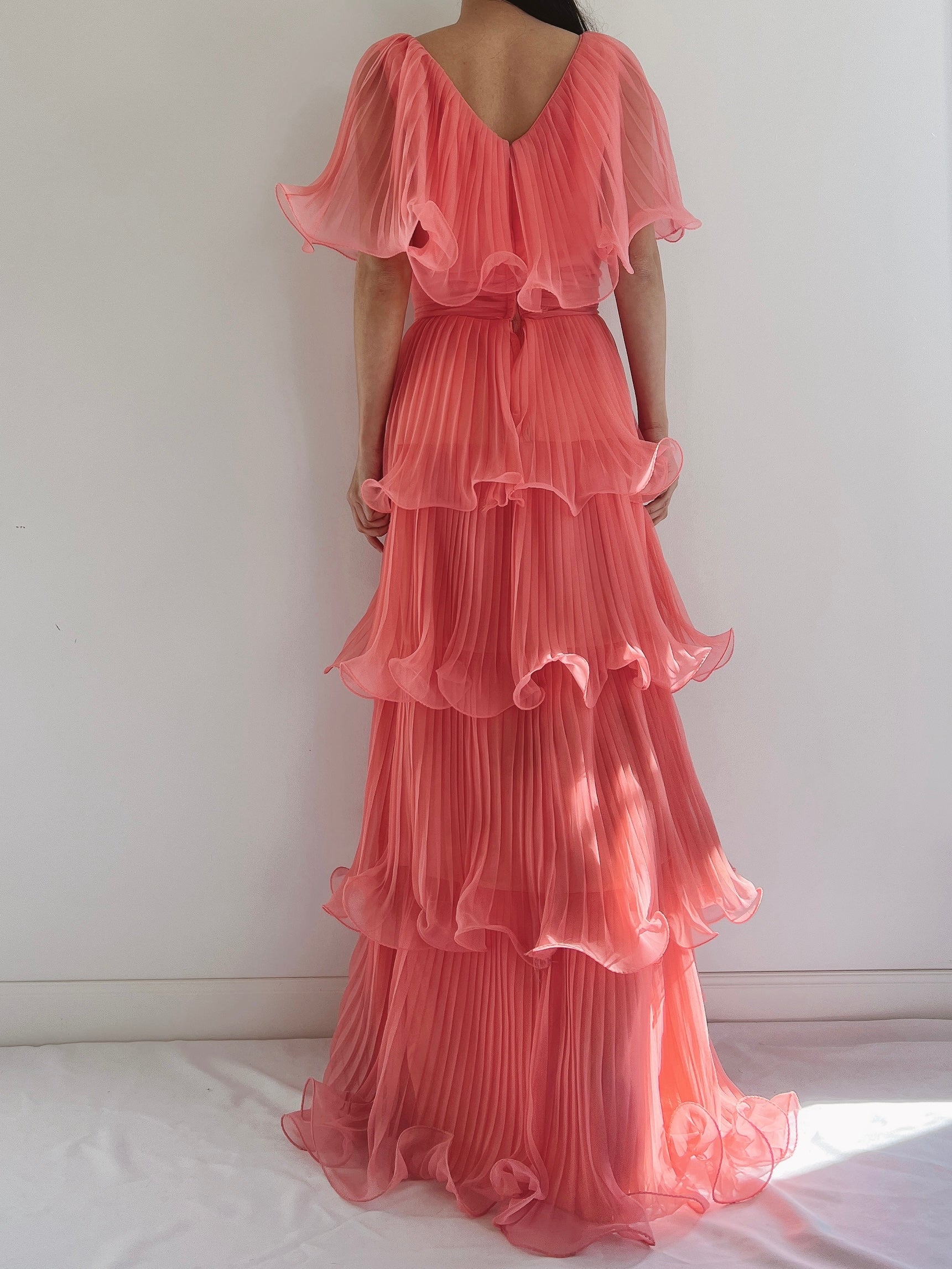1970s Coral Pleated Chiffon Dress - S